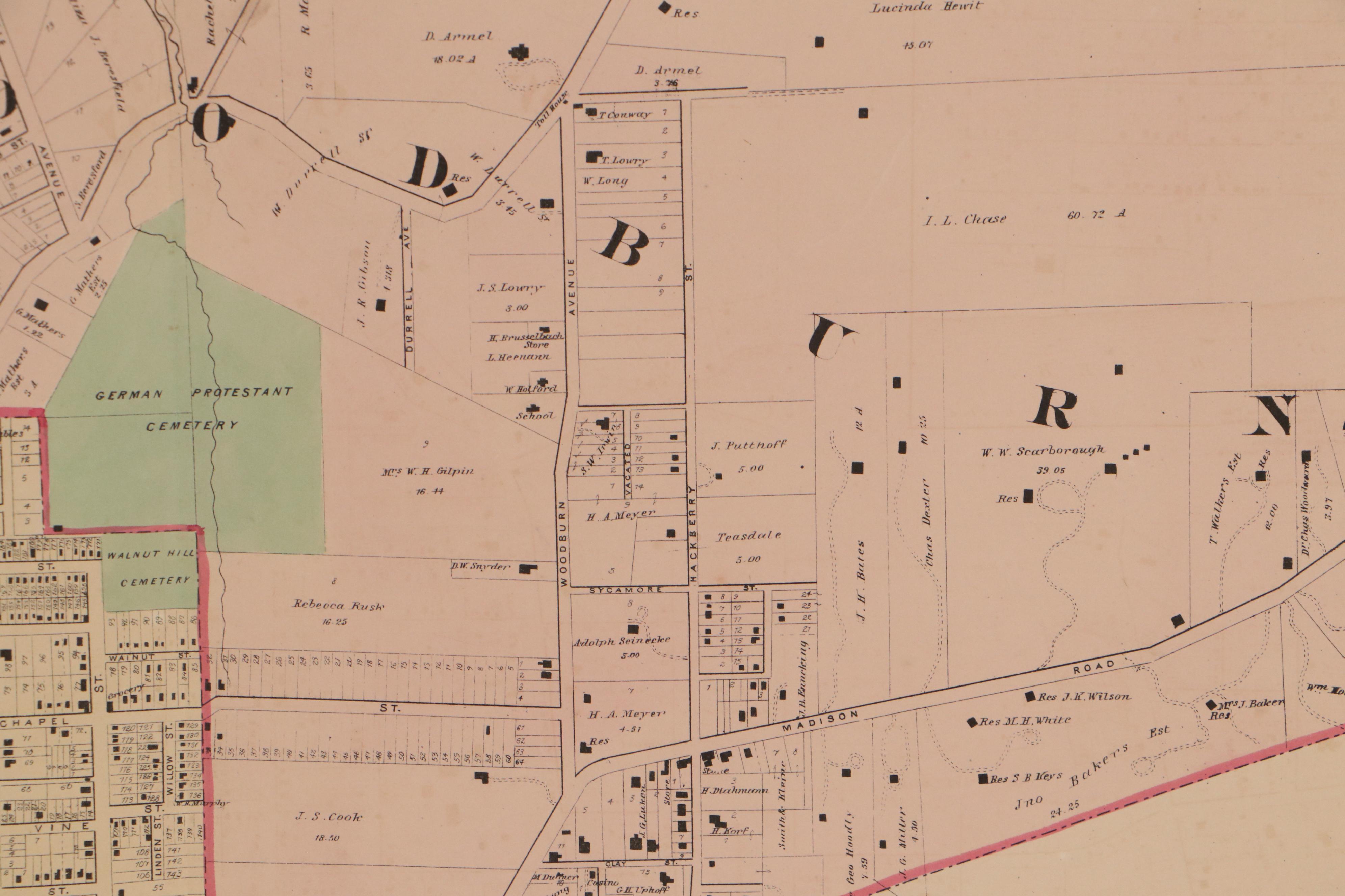 Hand-Colored Lithograph Map of Walnut Hills, Ohio, 1869