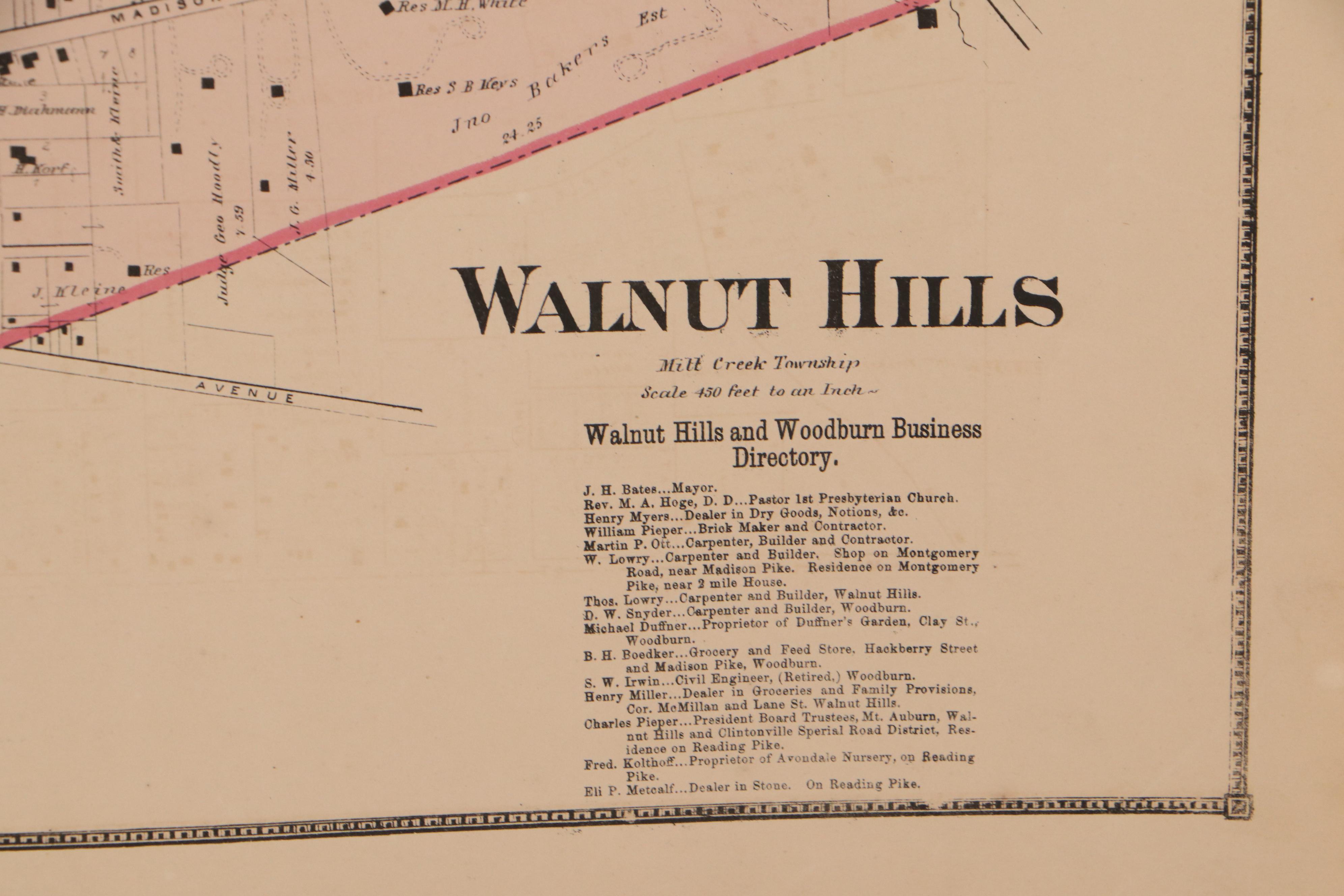 Hand-Colored Lithograph Map of Walnut Hills, Ohio, 1869