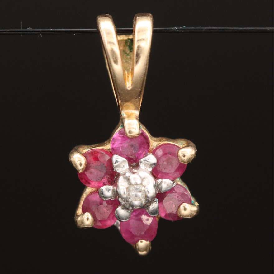 10K Ruby and Diamond Flower Pendant