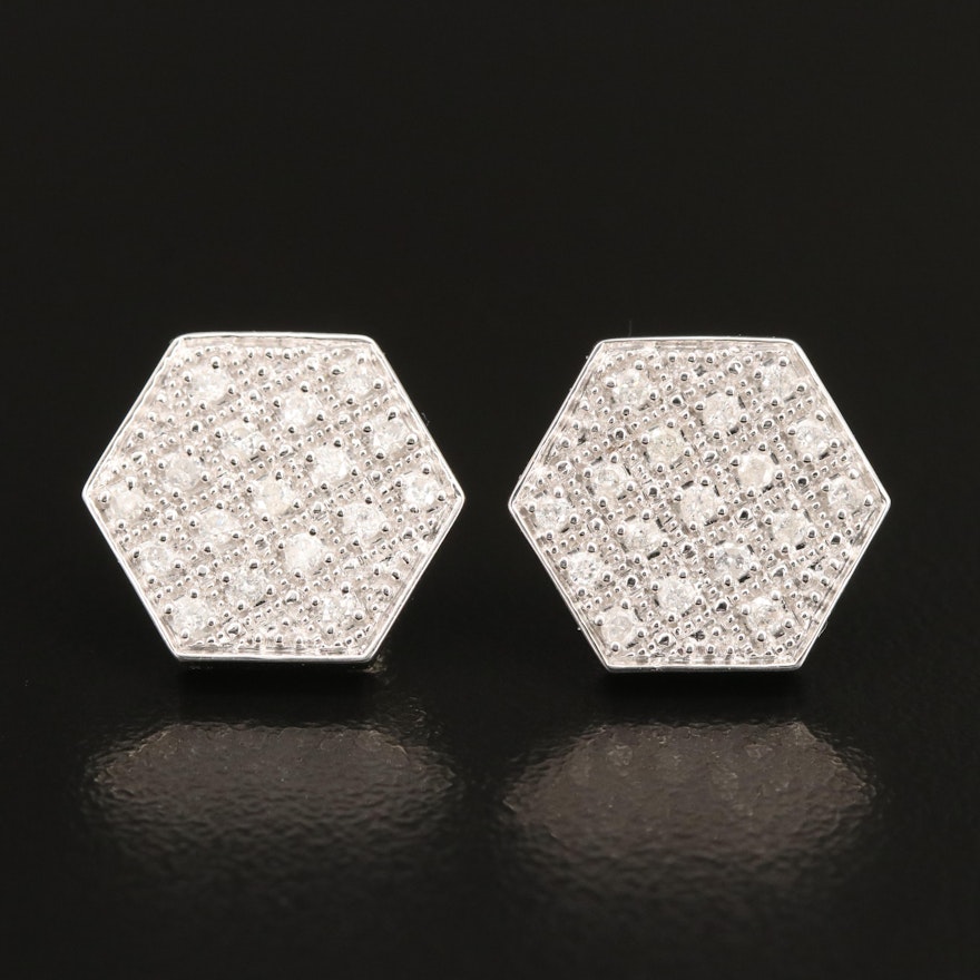 Sterling Diamond Hexagonal Stud Earrings