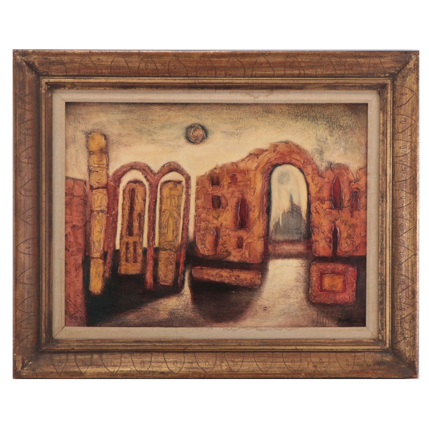 Paul Pollaro Mixed Media Painting of Ruins, Late 20th Century