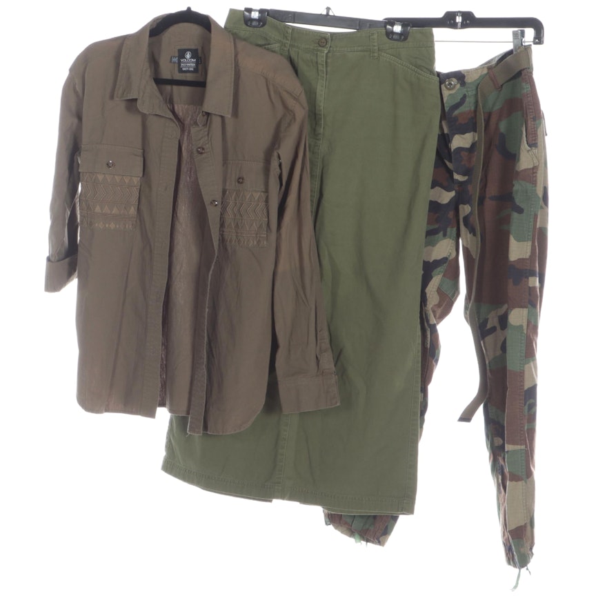 Jones Wear Sport Maxi Skirt, Volcom Shirt, and Army Camouflage Pants