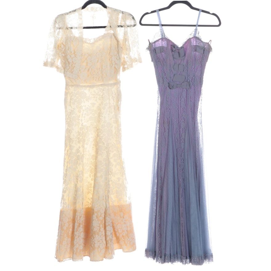 Silk Occasion Dresses with Lace Overlays in Off-White and Periwinkle Blue, 1930s