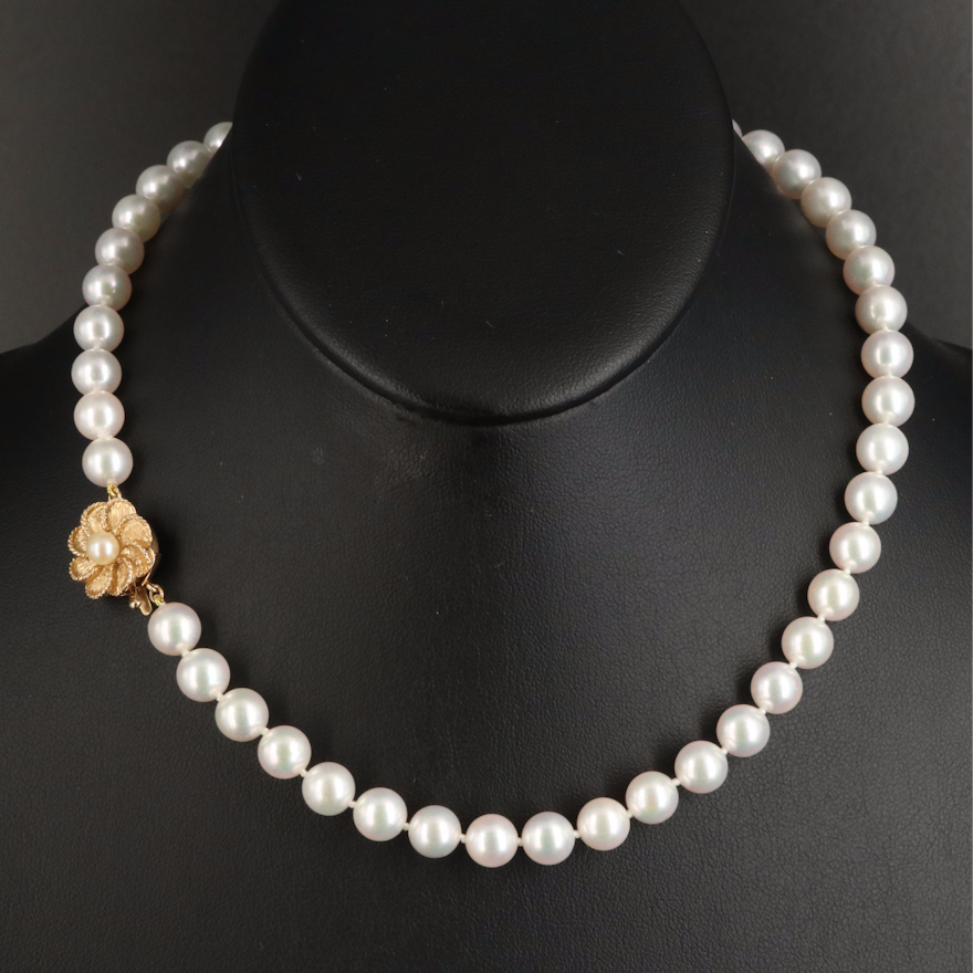 Pearl Necklace with 14K Flower Clasp