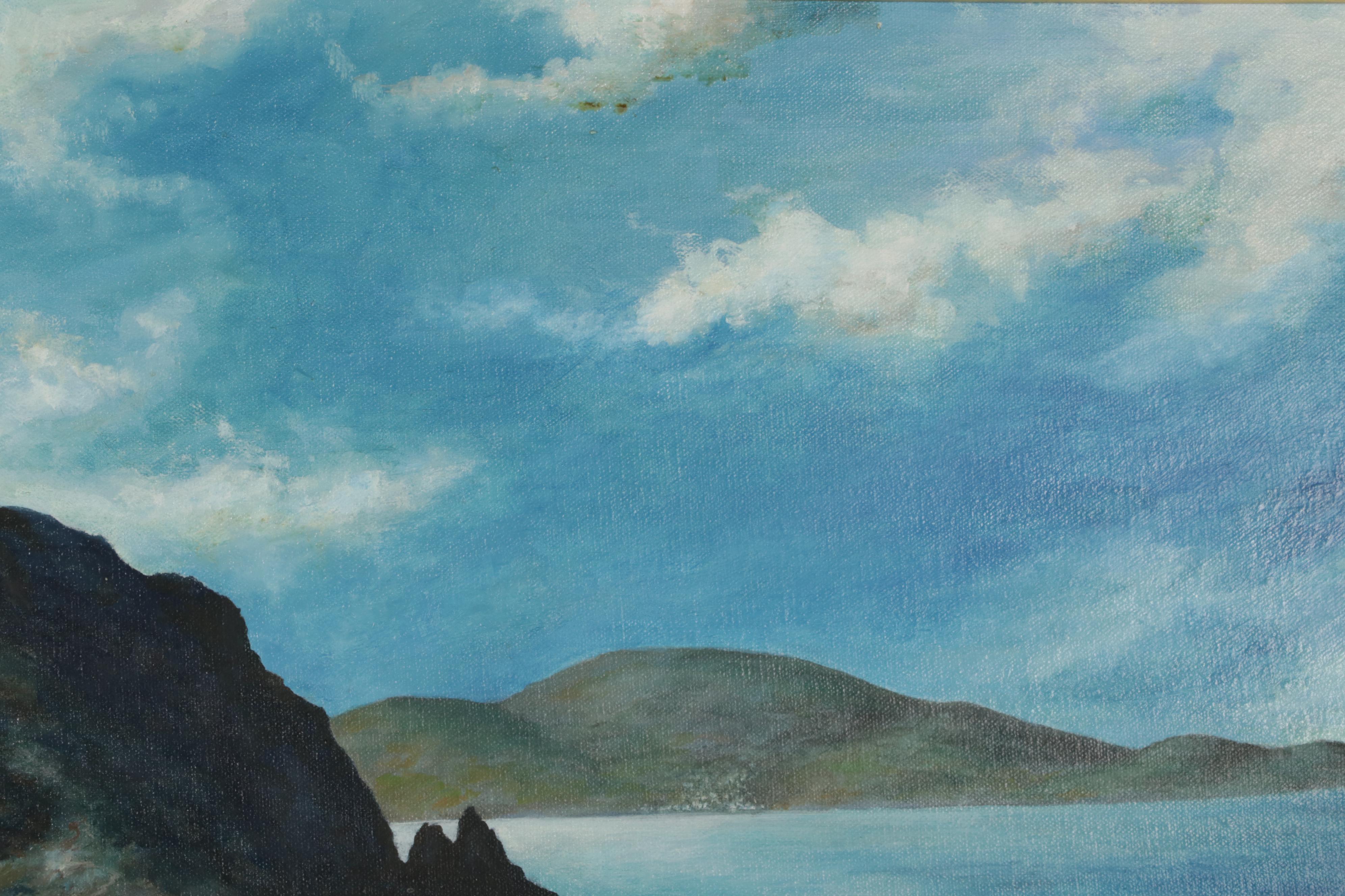 V. Del Monte Seascape Oil Painting of Mediterranean Coastal Village, 1973