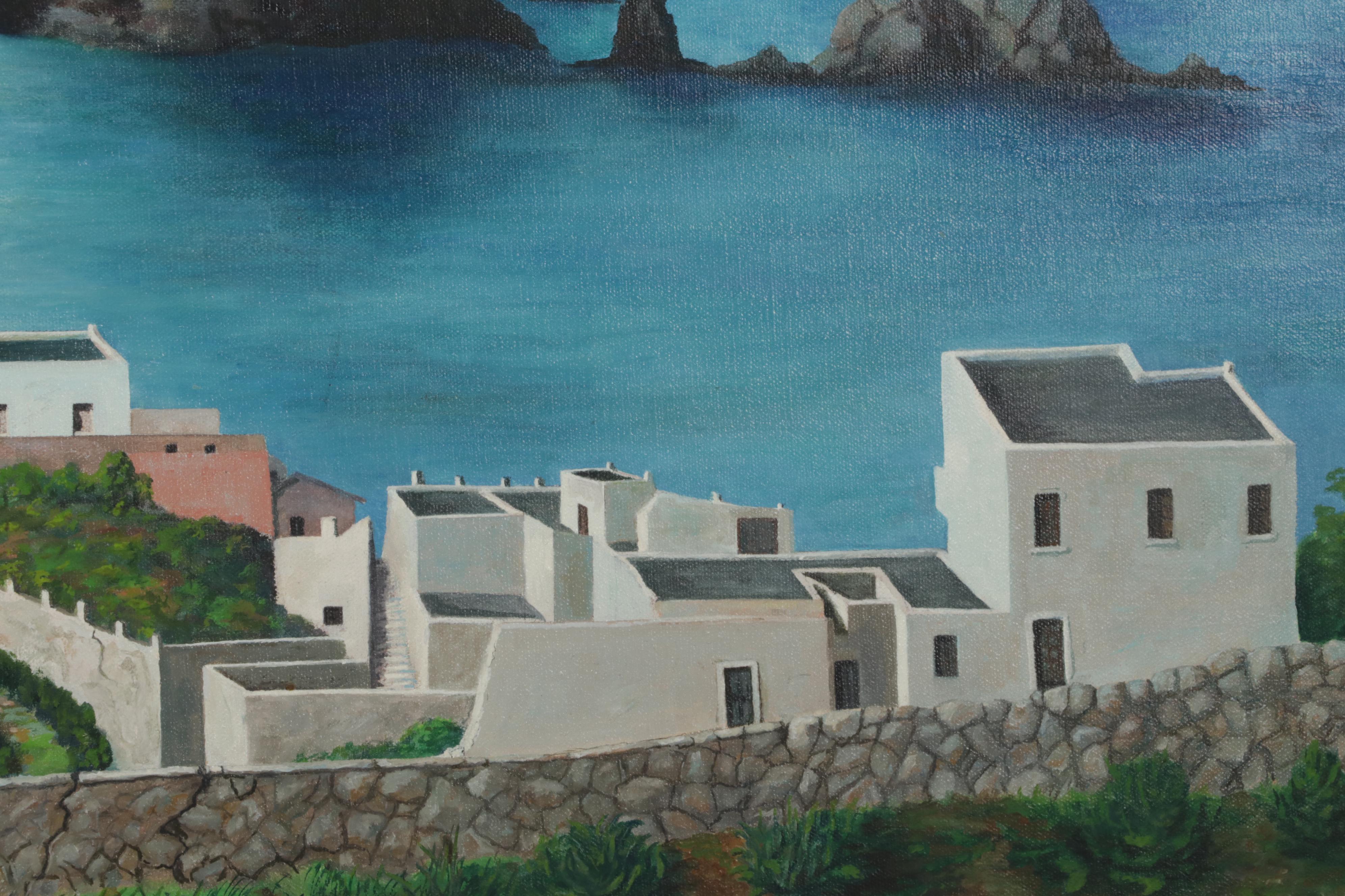 V. Del Monte Seascape Oil Painting of Mediterranean Coastal Village, 1973