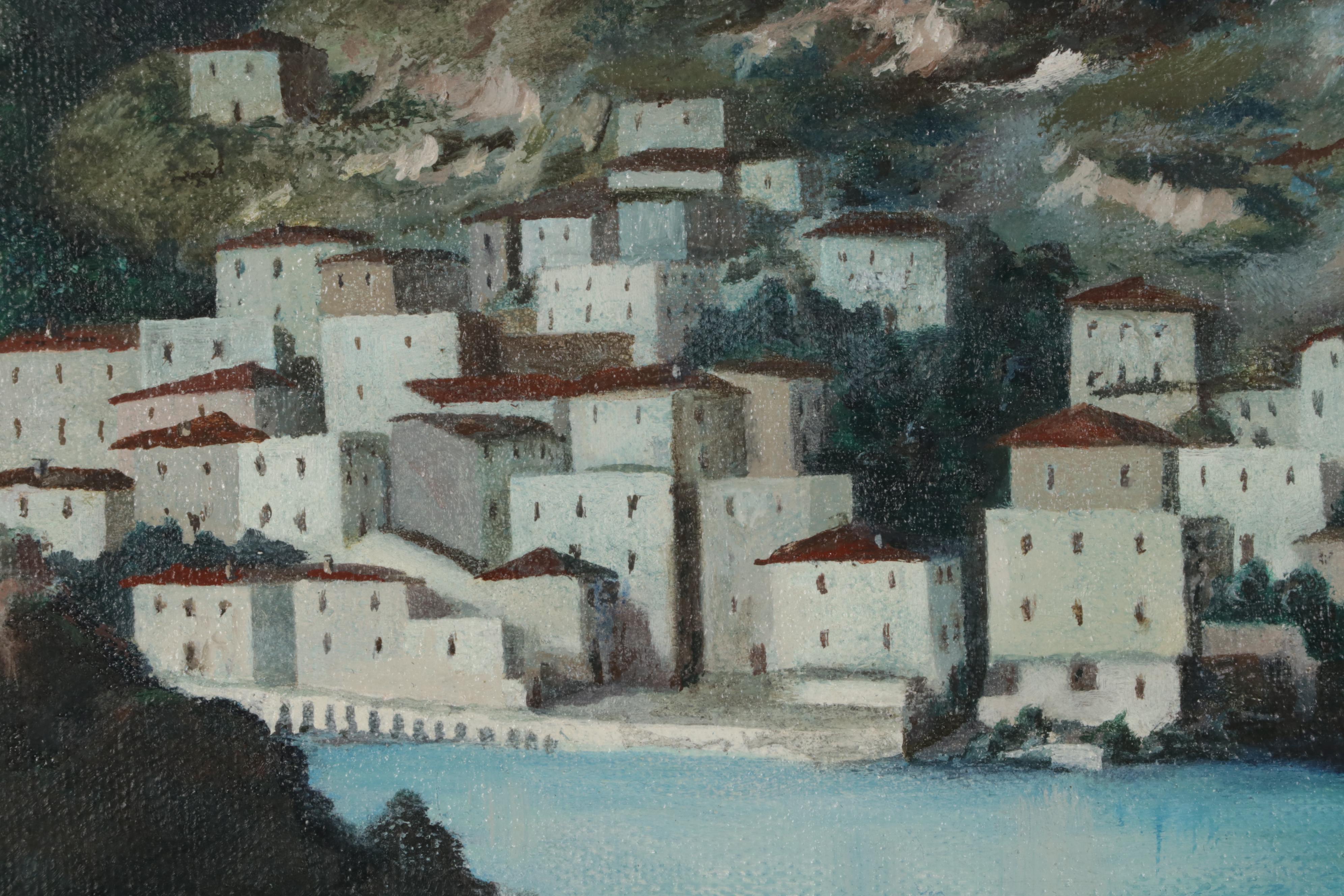 V. Del Monte Seascape Oil Painting of Mediterranean Coastal Village, 1973