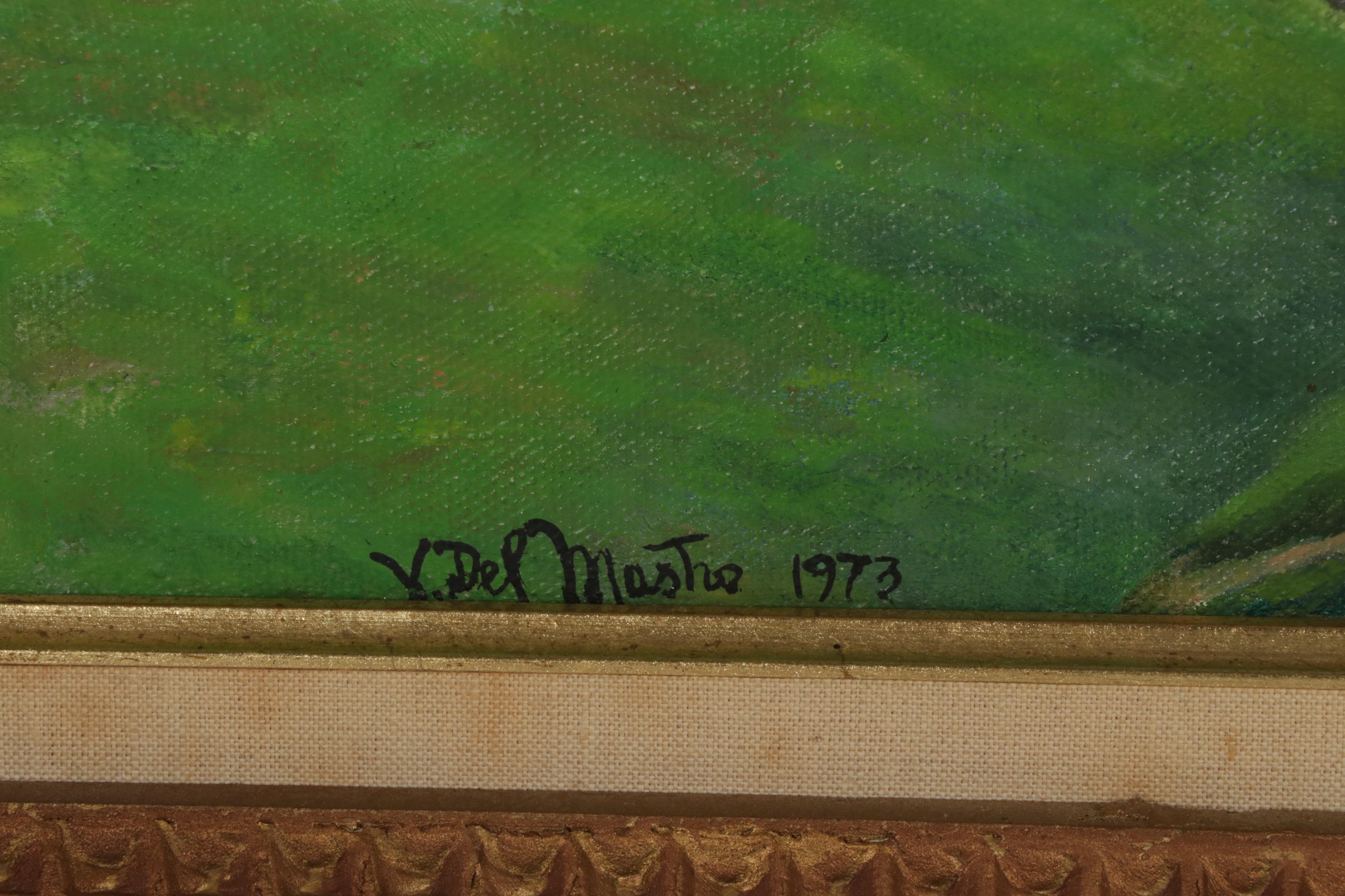 V. Del Monte Seascape Oil Painting of Mediterranean Coastal Village, 1973