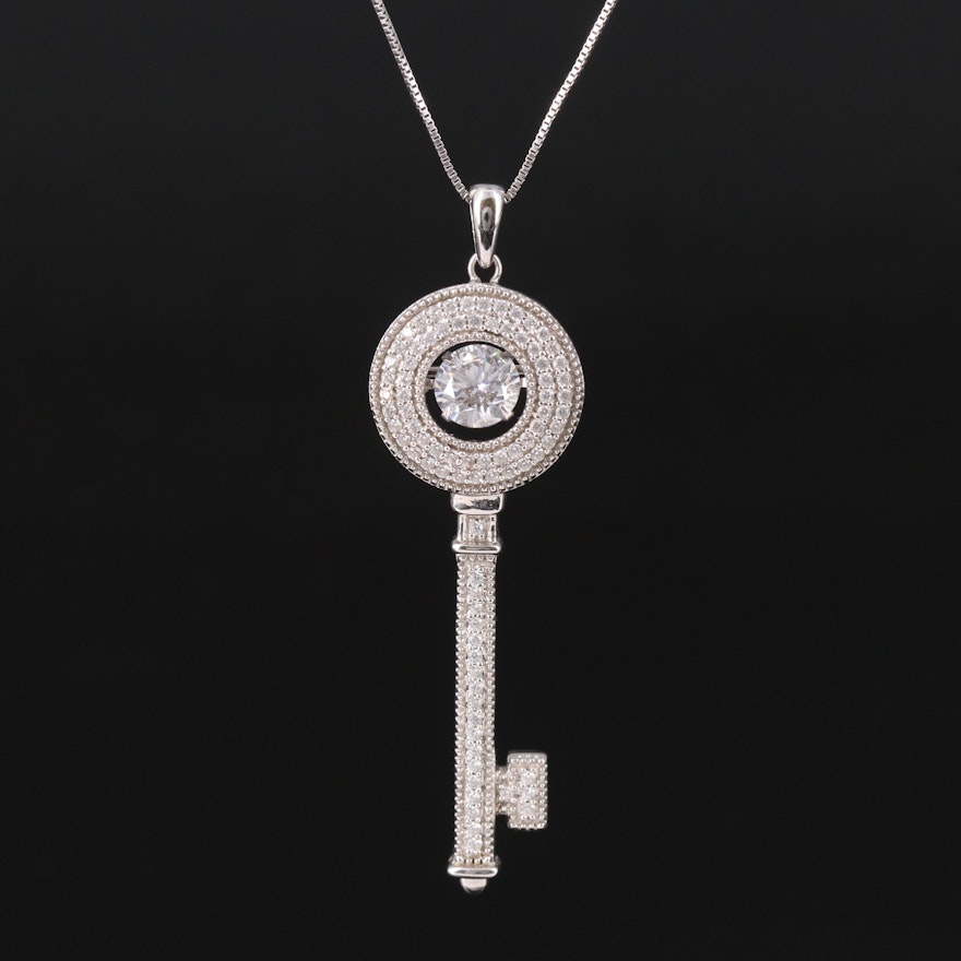 Sterling Cubic Zirconia Key Pendant Necklace with Trembler Accent