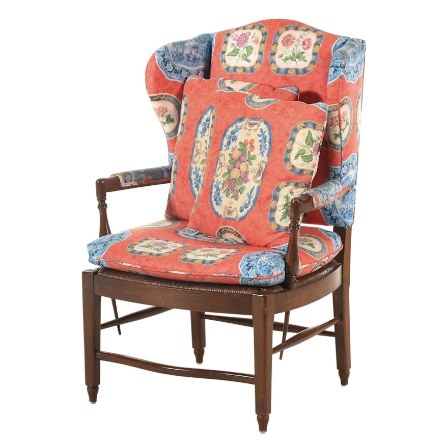 French Provincial Style Rush Seat and Upholstered Wingback Armchair
