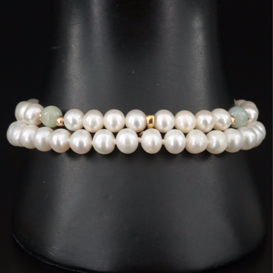 14K Pearl and Jadeite Beaded Bracelet and Pearl Bracelet with Sterling Clasp