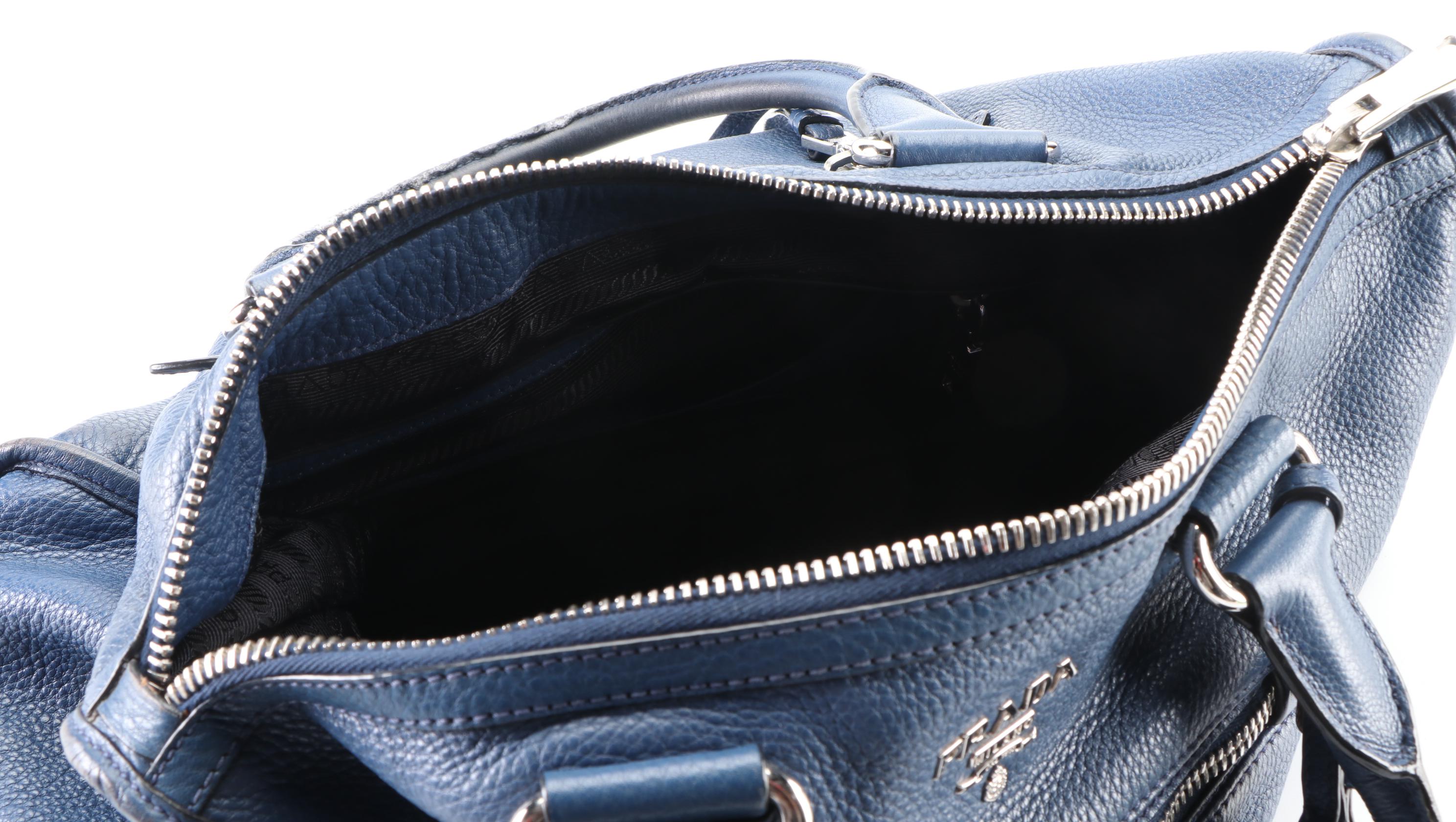 Prada Zippered Two-Way Bag in Blue Vitello Daino Leather