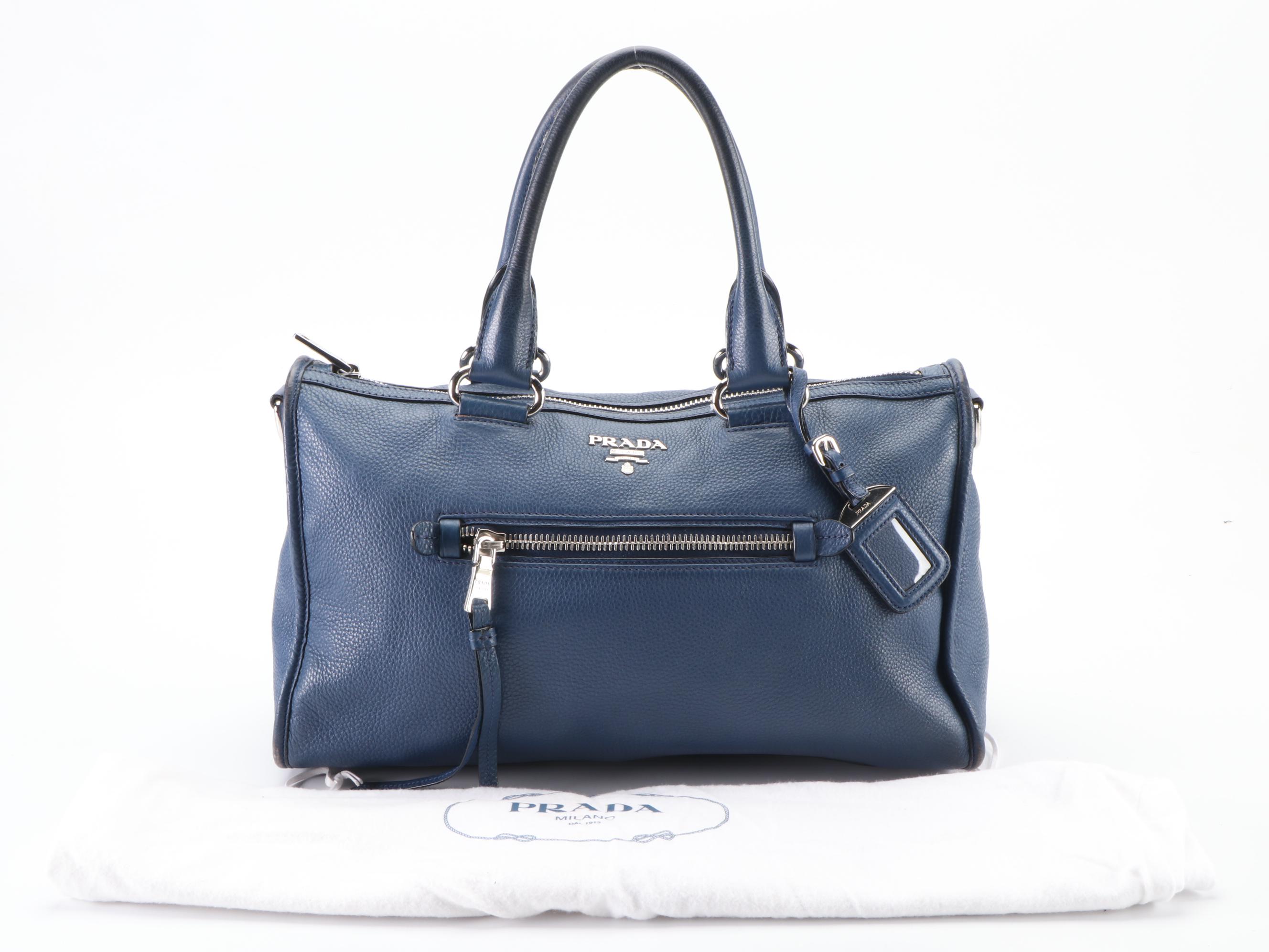 Prada Zippered Two-Way Bag in Blue Vitello Daino Leather