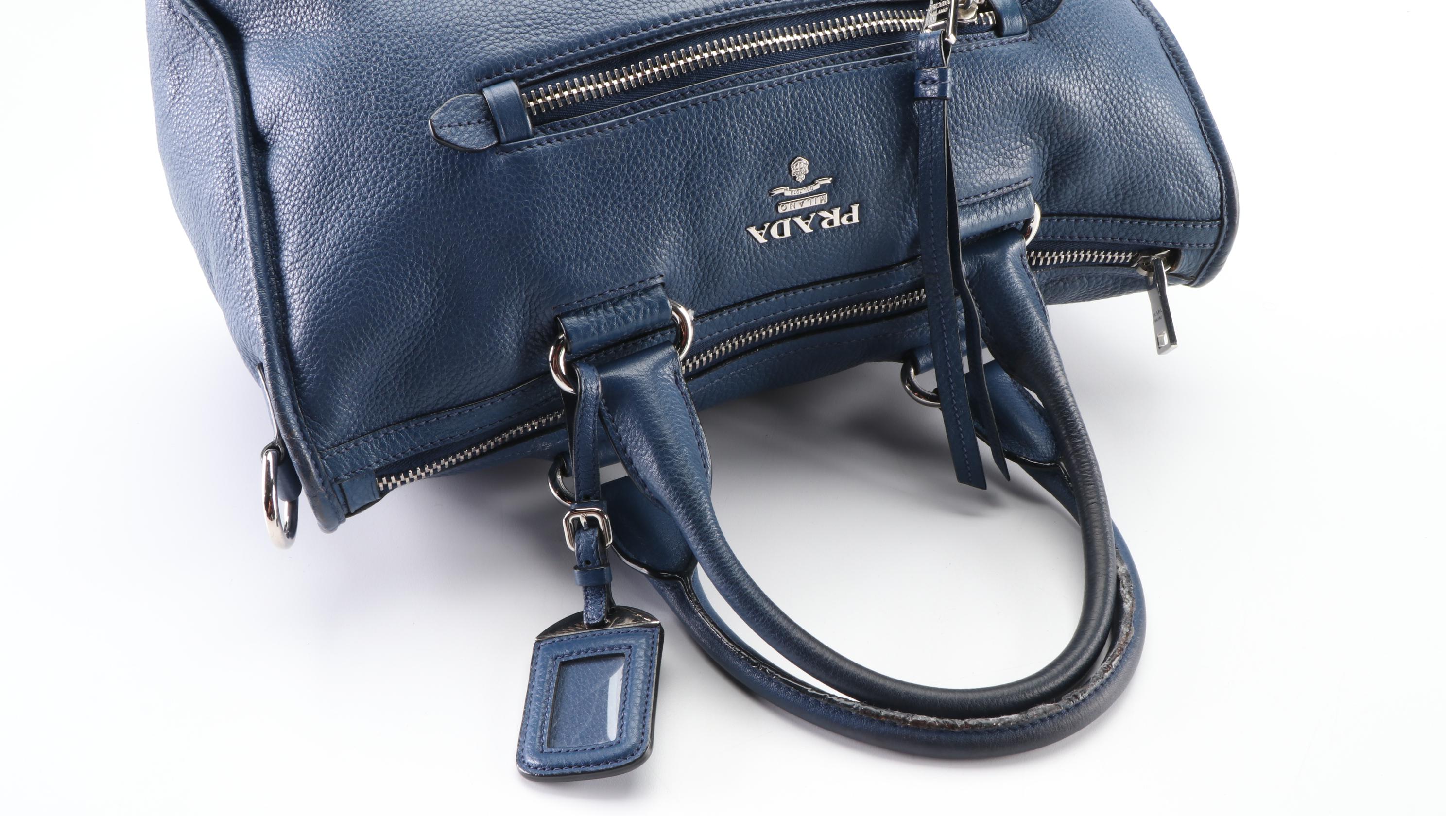 Prada Zippered Two-Way Bag in Blue Vitello Daino Leather