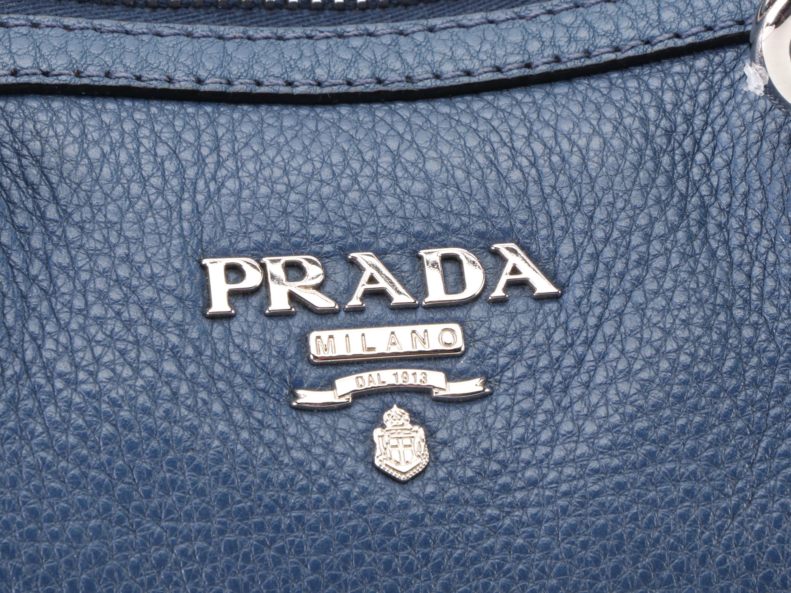 Prada Zippered Two-Way Bag in Blue Vitello Daino Leather