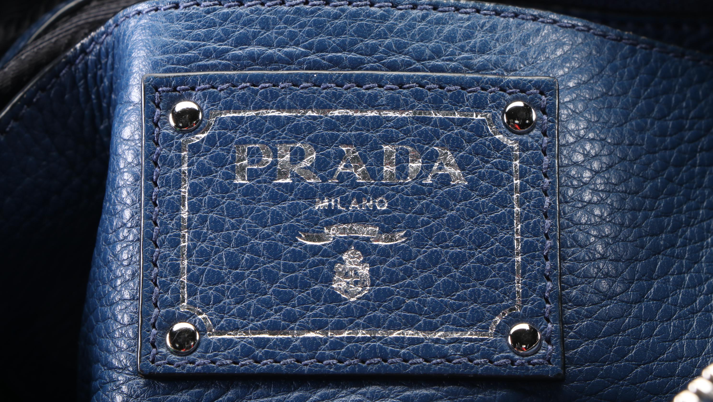 Prada Zippered Two-Way Bag in Blue Vitello Daino Leather