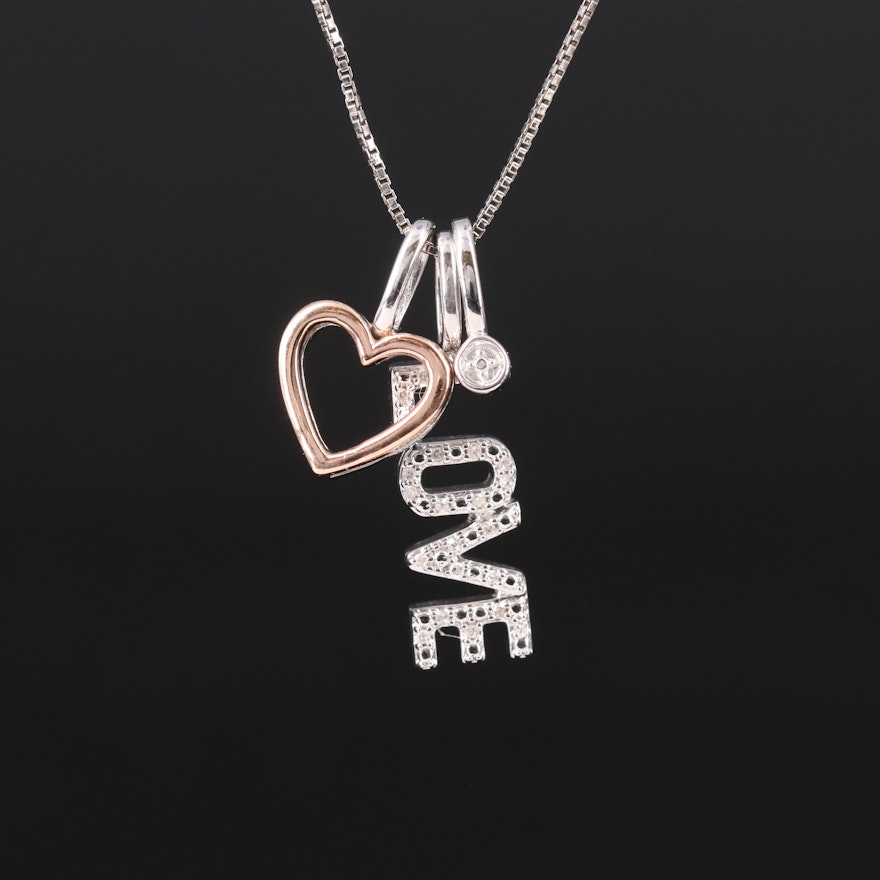 Sterling Diamond "Love" and Heart Necklace with 10K Rose Gold Accent