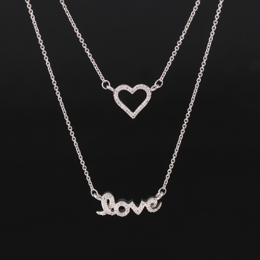 Sterling Diamond "Love" and Heart Layered Necklace