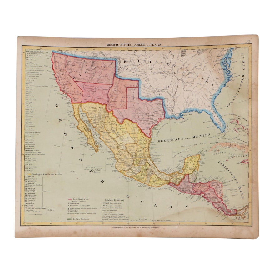 Carl Flemming Hand-Colored Lithograph Map "Mexico, Mittel-America, Texas"