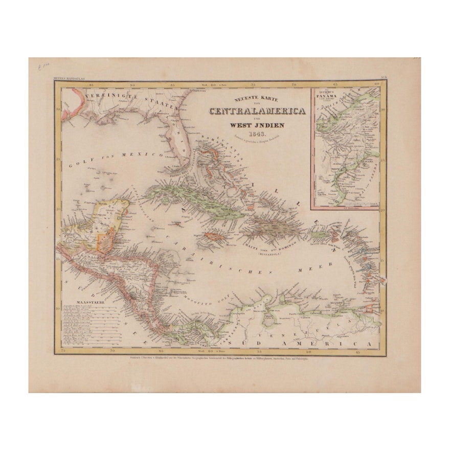 Hand-Colored Engraved Map "Centralamerica, West Indien." Circa 1843