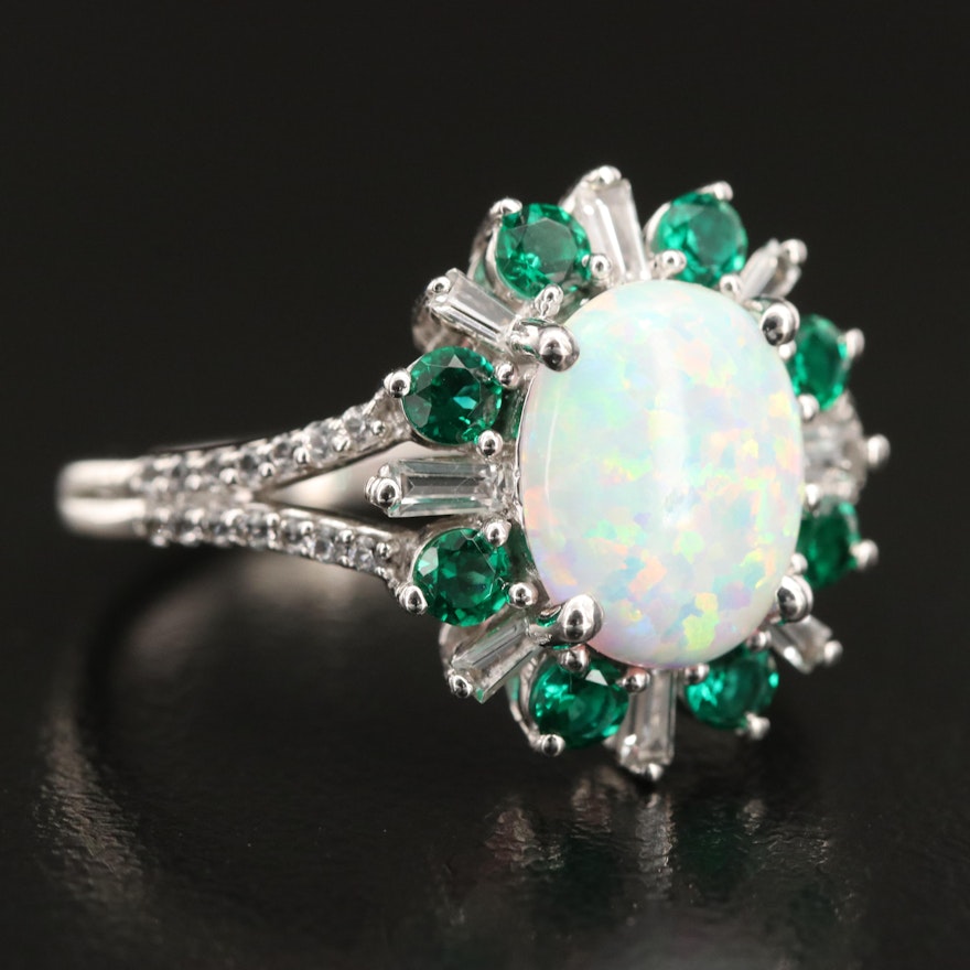 Sterling Opal, Emerald and Sapphire Ring