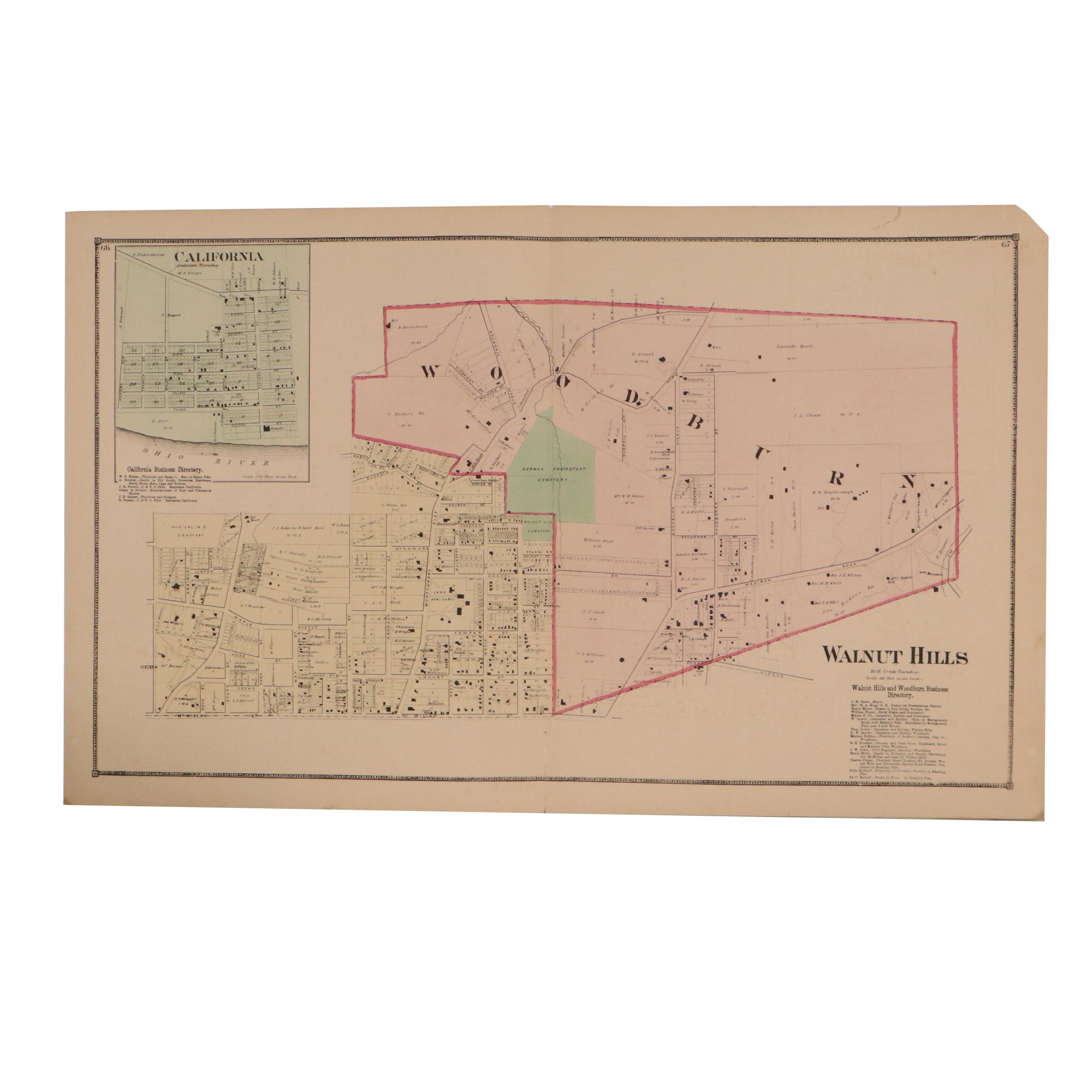 Hand-Colored Lithograph Map of Walnut Hills, Ohio, 1869