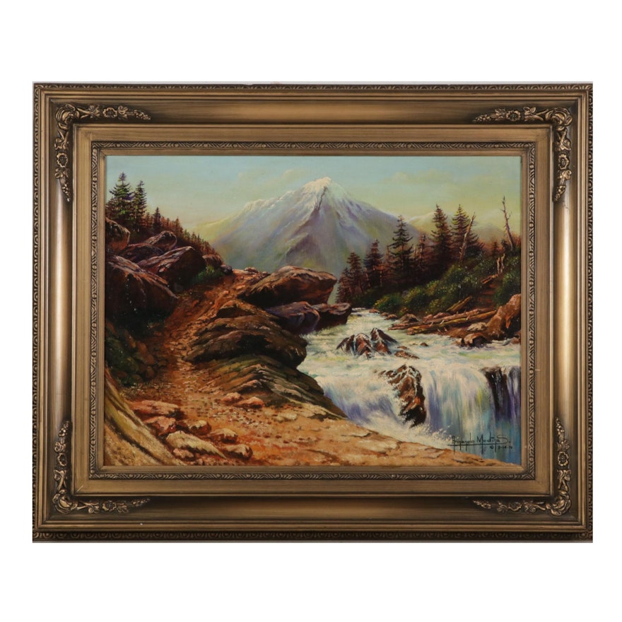 Armando Medina S. Oil Painting of River Rapids and Waterfall, 1976
