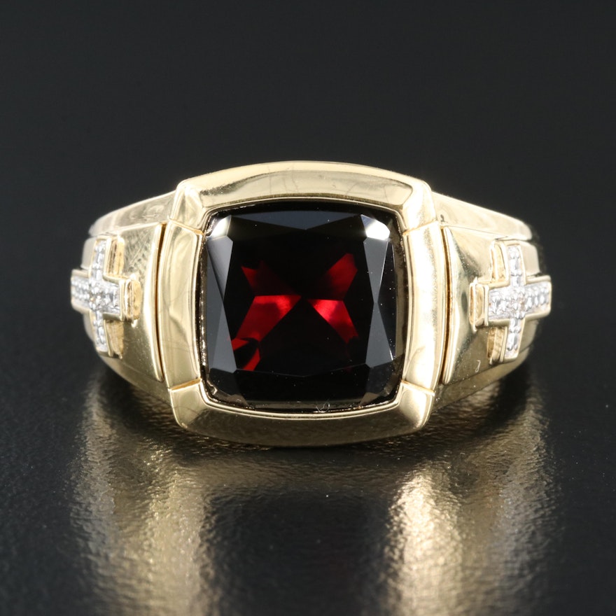 Sterling Garnet and Diamond Ring with Cross Shoulder Accents