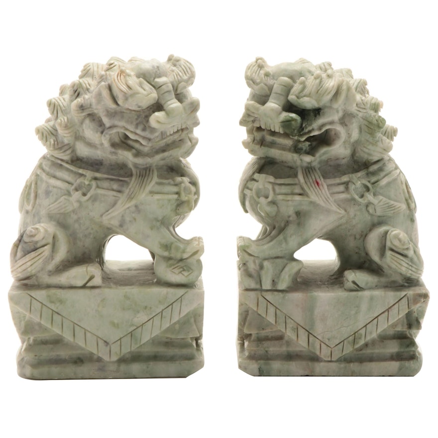 Pair of Chinese Carved Serpentine Guardian Lions