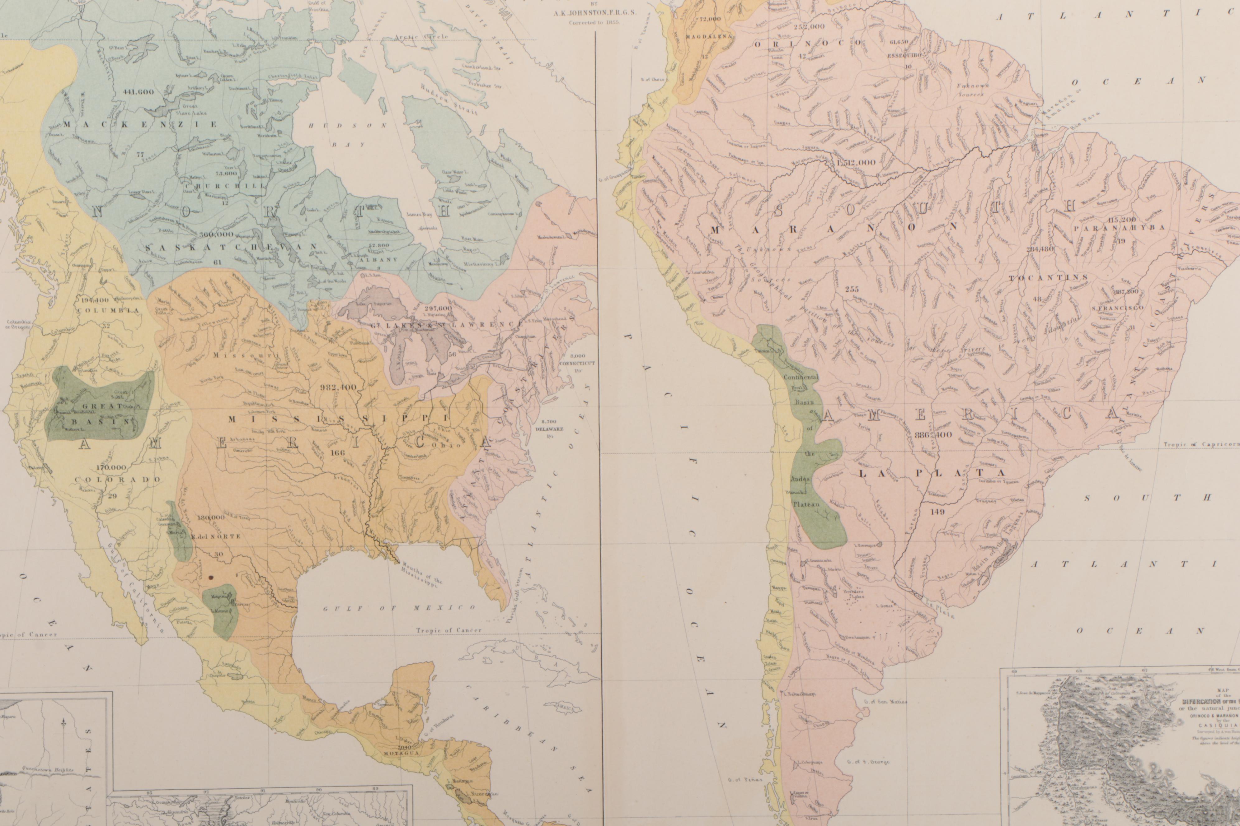 A.K. Johnston Lithograph Map of the River Systems of America, 1856
