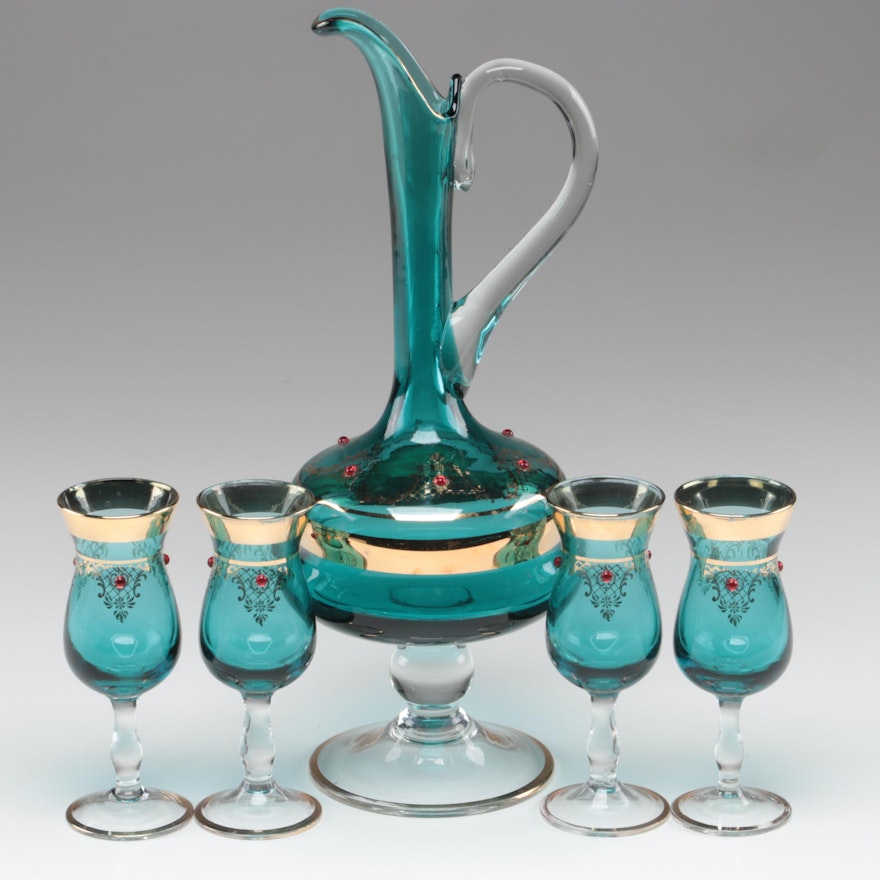 Venetian Handcrafted Gilt and Jeweled Blue Glass Decanter and Wine Glasses