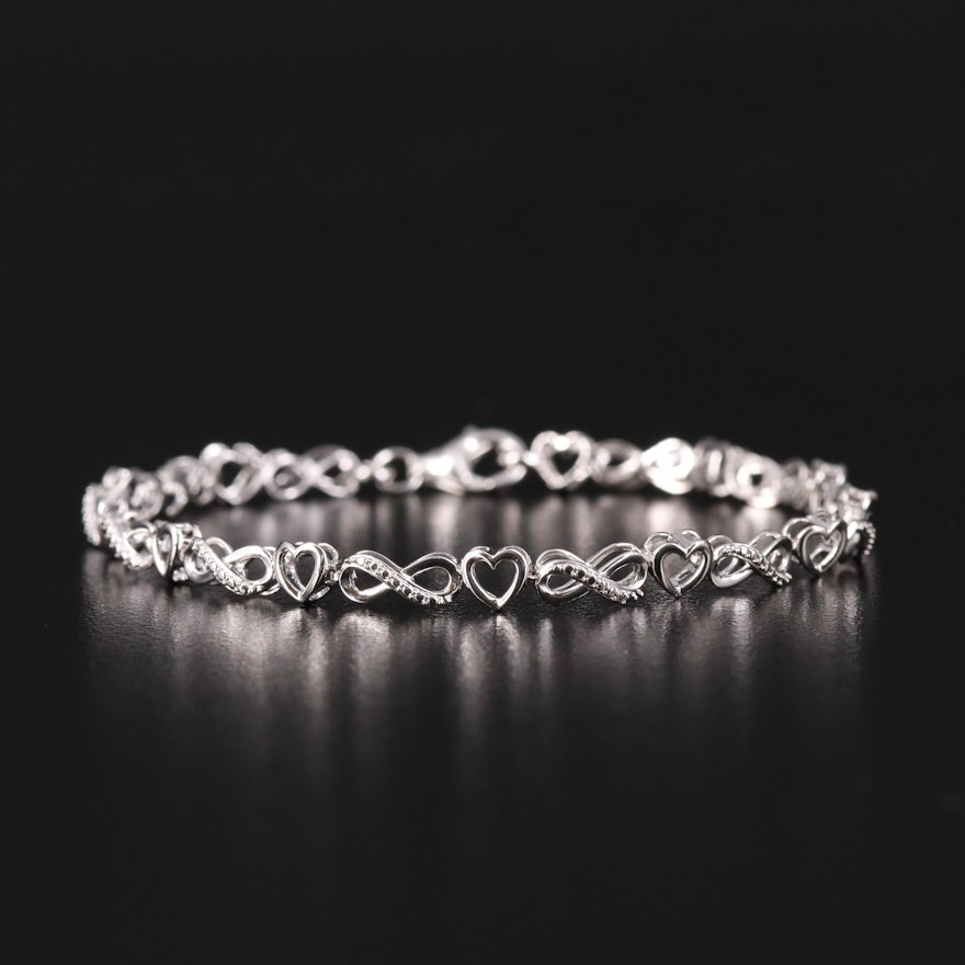 Sterling Diamond Heart and Infinity Link Bracelet