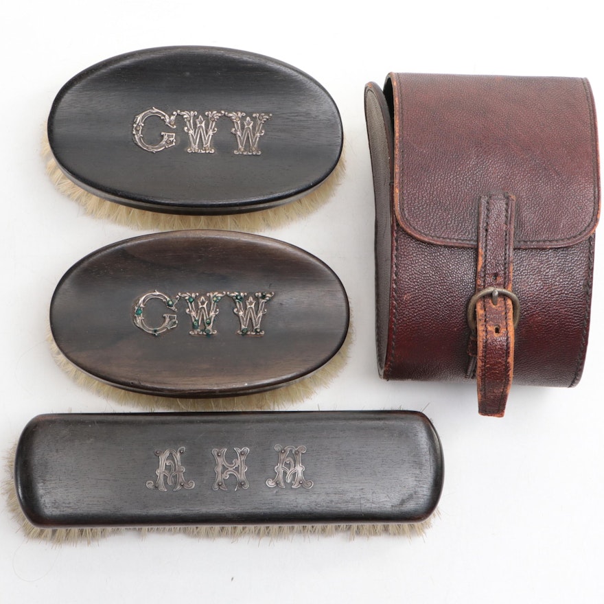 Antique Ebony Grooming Brushes with Applied Sterling Monogram and Leather Case