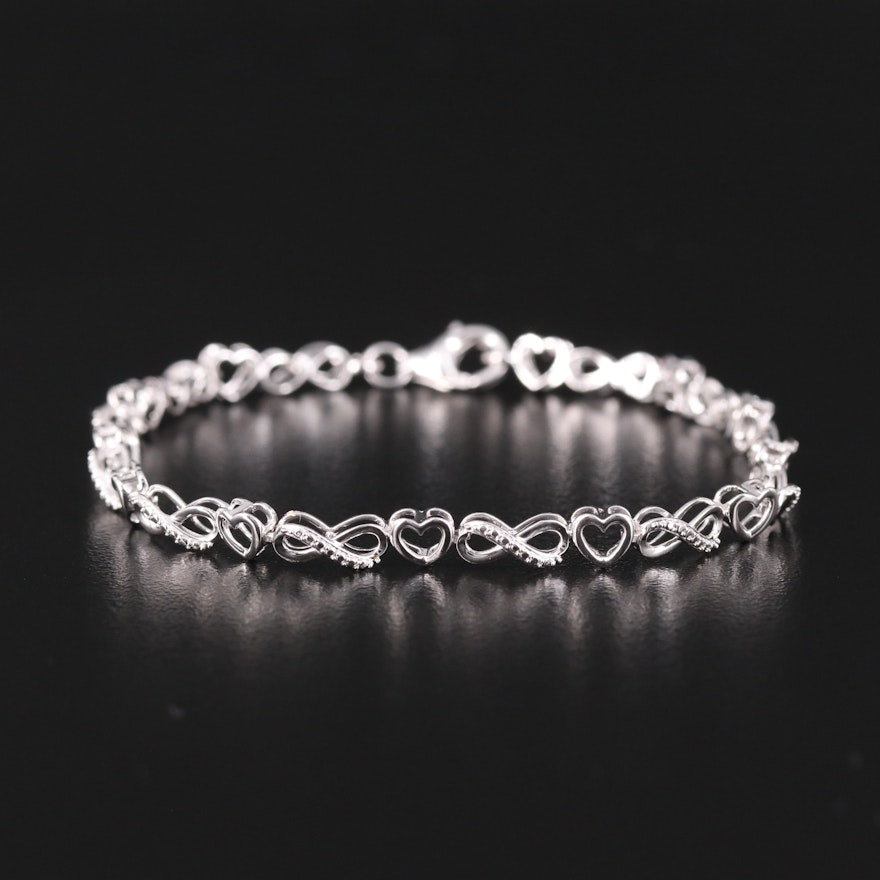 Sterling Heart and Infinity Link Bracelet with Diamond Accent