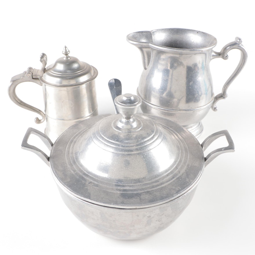 Pewterex Tureen and Ladle with Pewter Pitcher and Stein