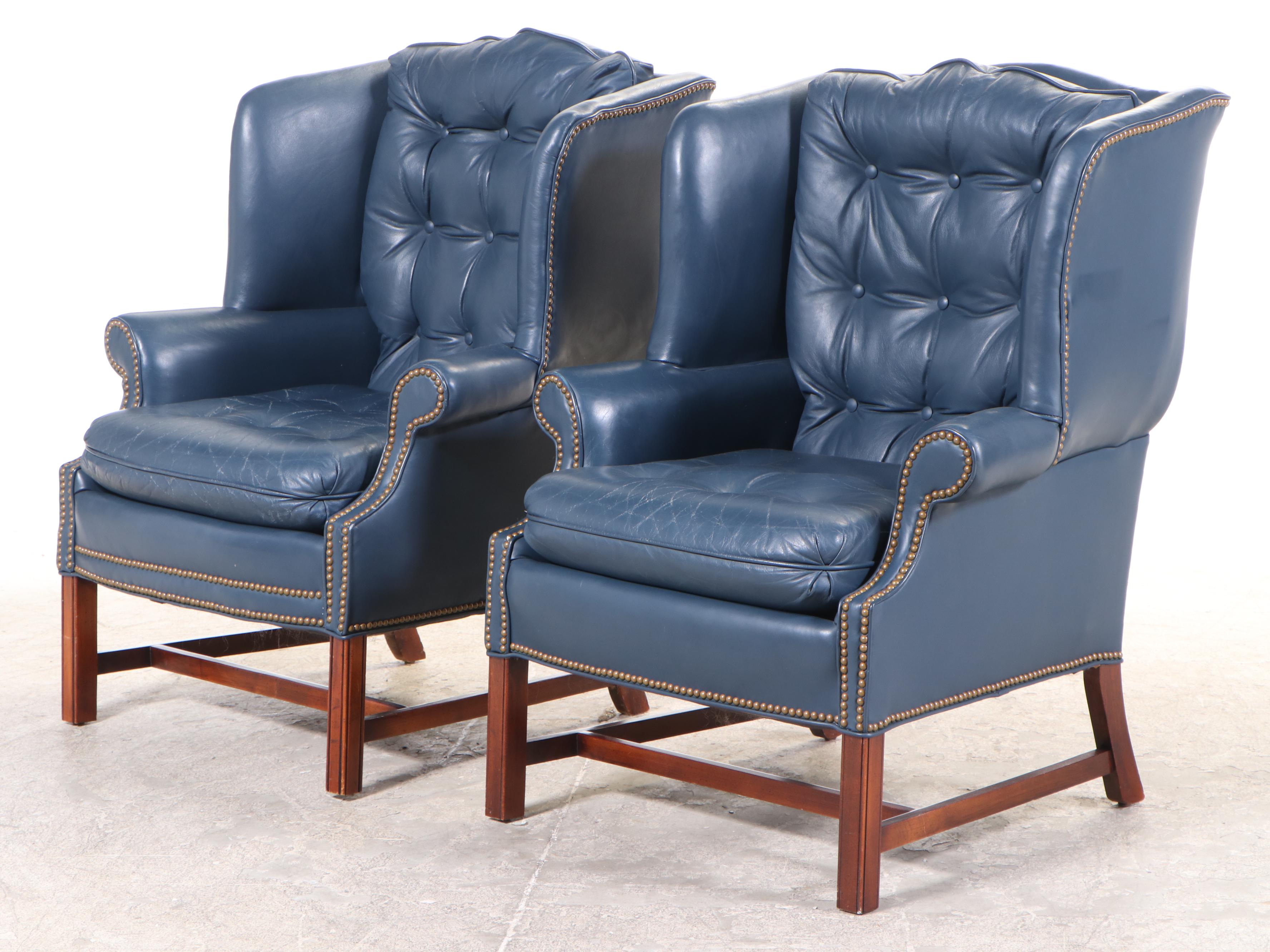 Pair of Century Furniture Leather Wingback Armchairs and Hickory Chair Footstool