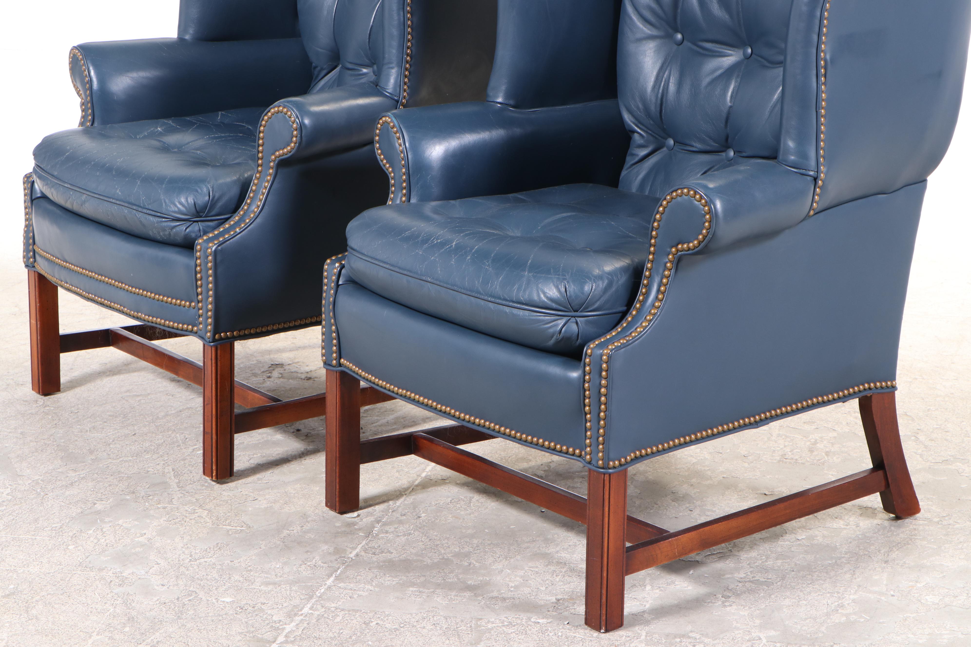 Pair of Century Furniture Leather Wingback Armchairs and Hickory Chair Footstool