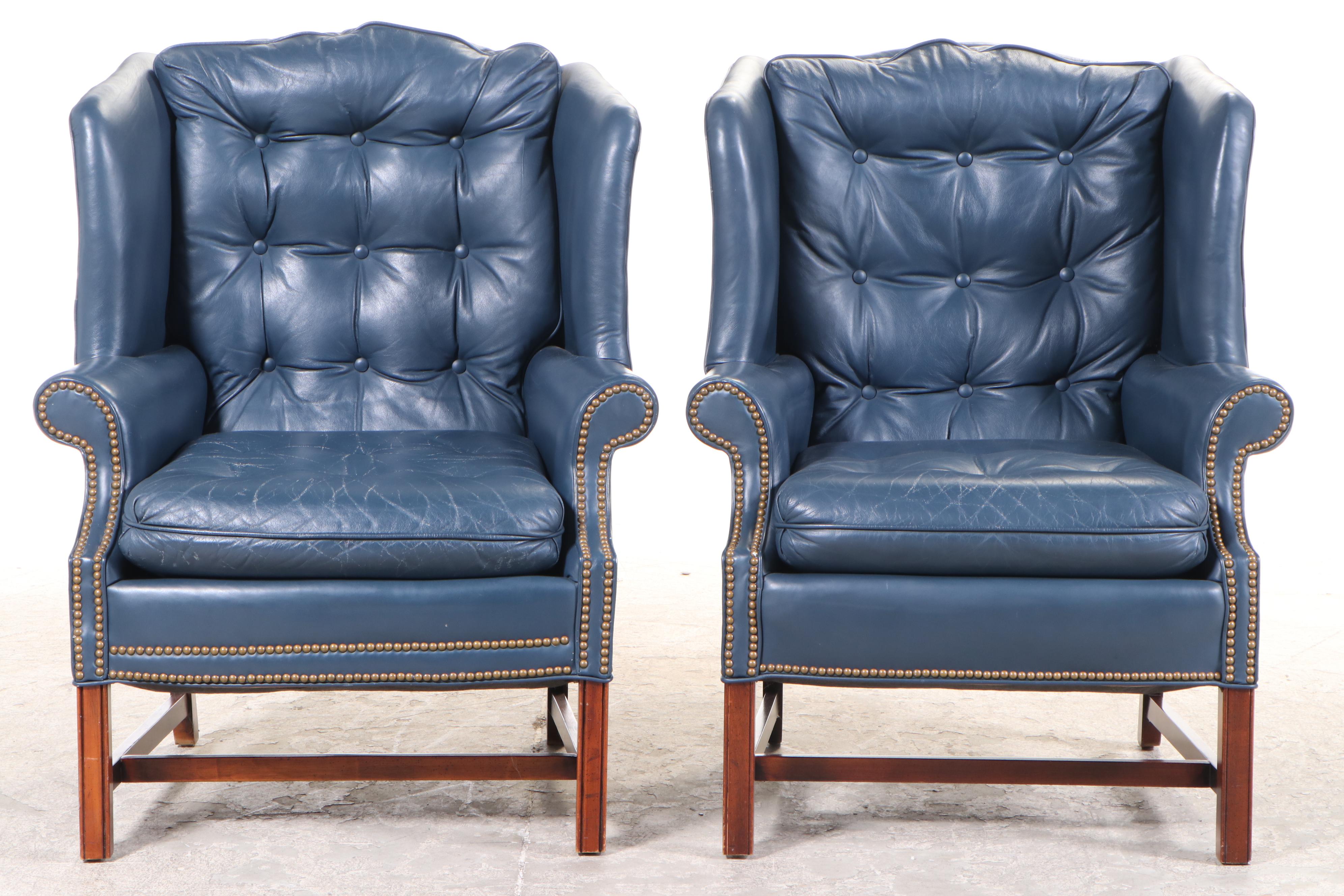 Pair of Century Furniture Leather Wingback Armchairs and Hickory Chair Footstool