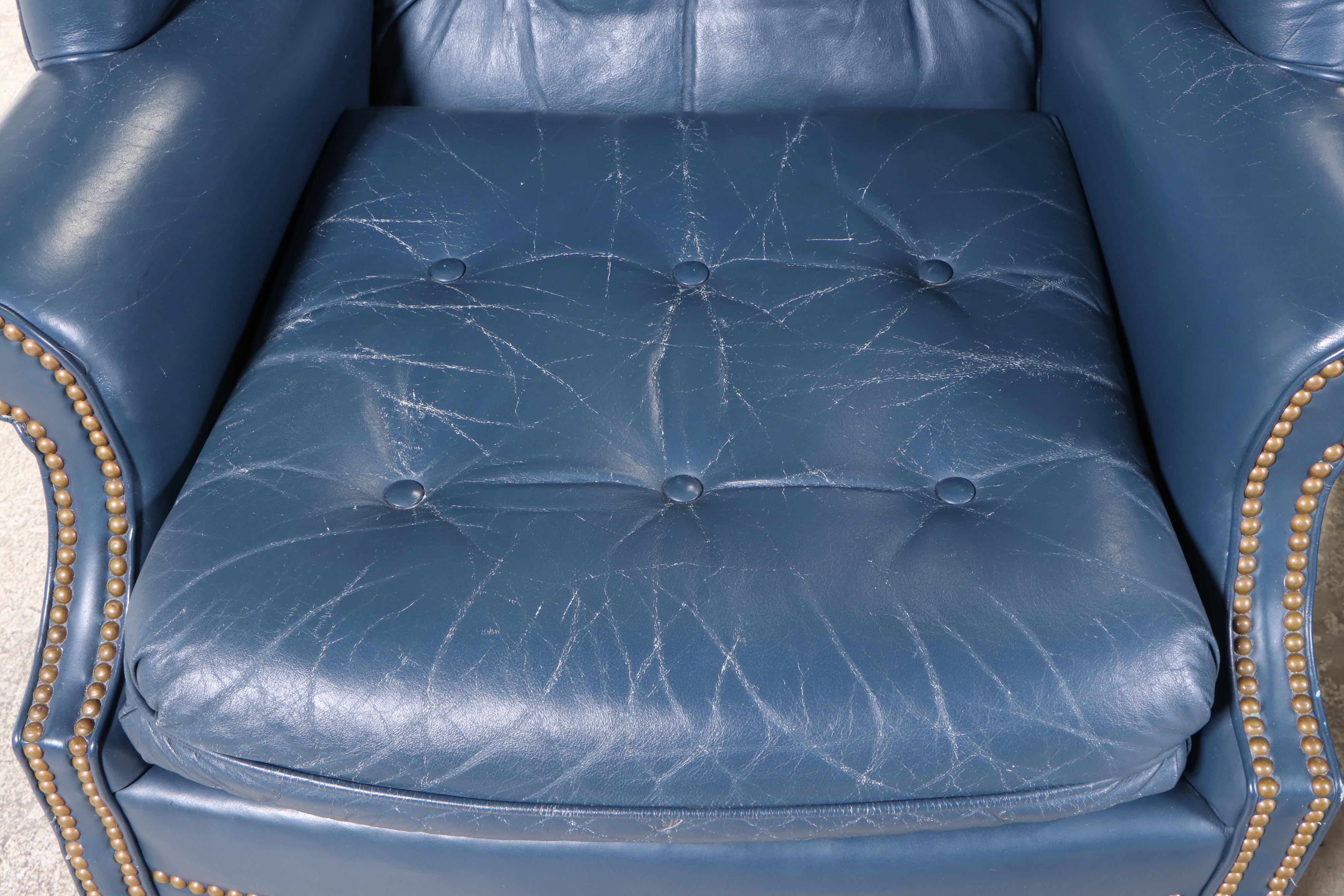 Pair of Century Furniture Leather Wingback Armchairs and Hickory Chair Footstool