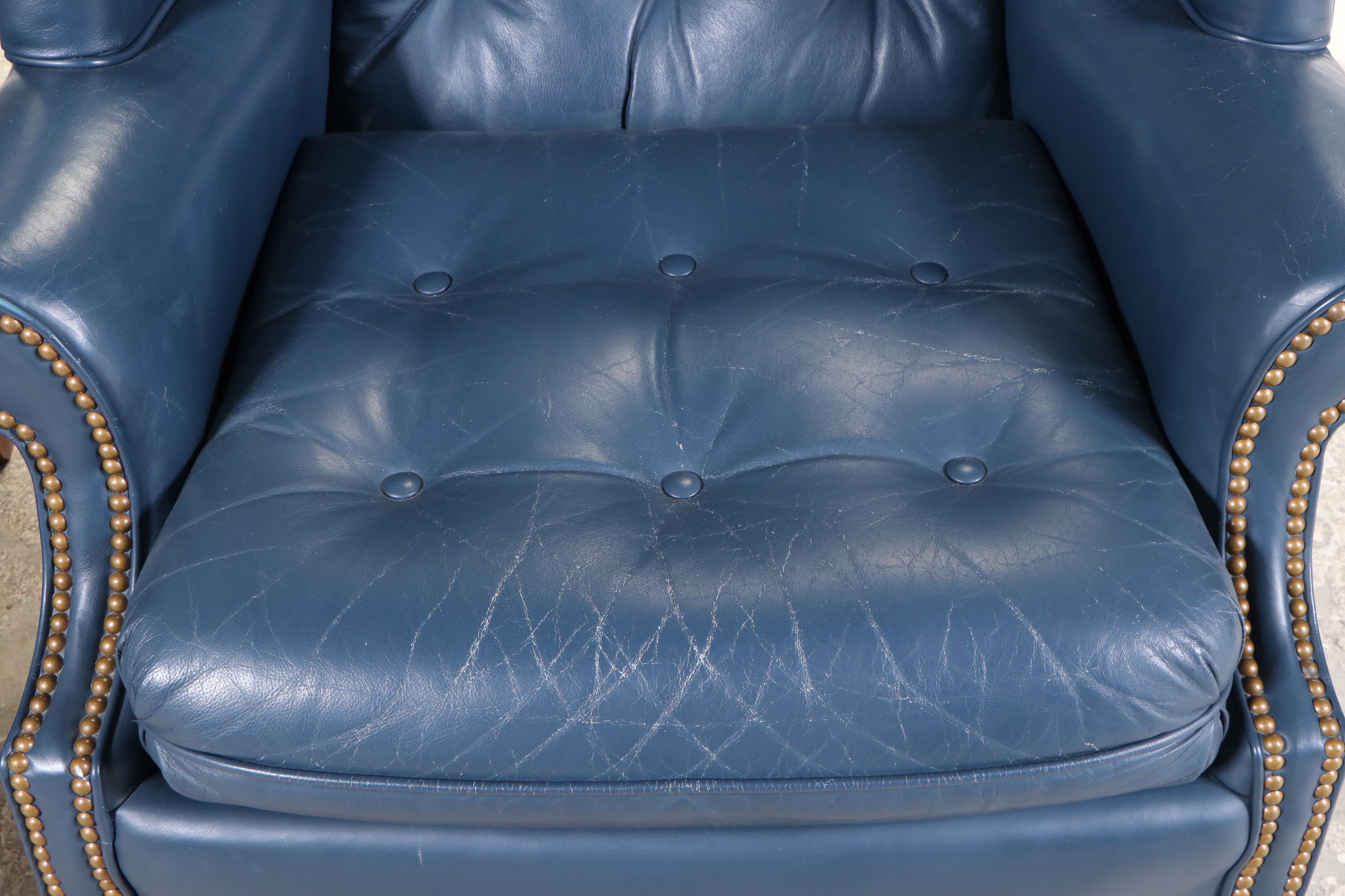 Pair of Century Furniture Leather Wingback Armchairs and Hickory Chair Footstool