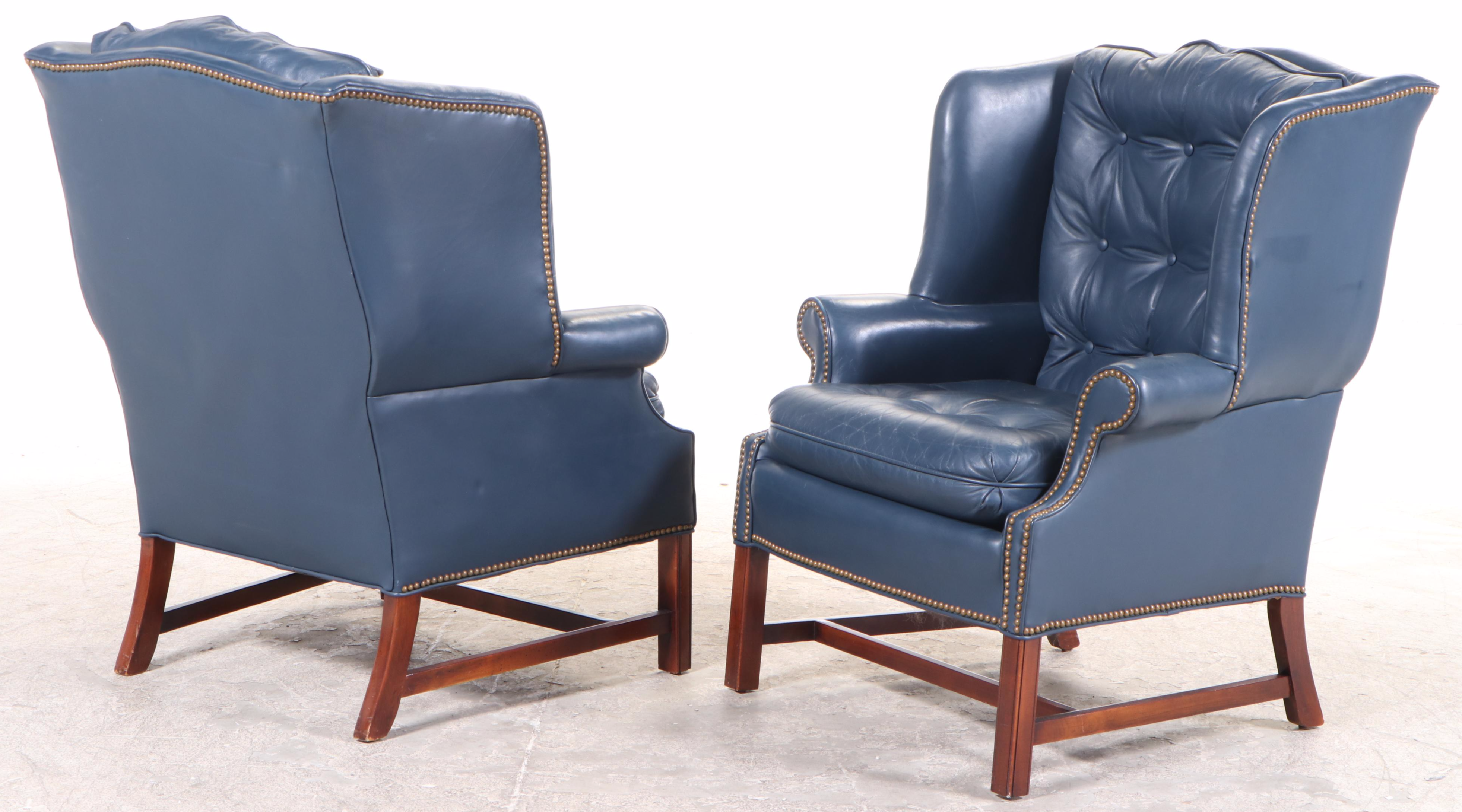 Pair of Century Furniture Leather Wingback Armchairs and Hickory Chair Footstool