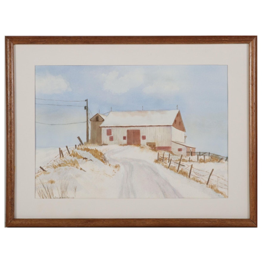 Dolores Antigo Landscape Watercolor Painting of Barn in Winter