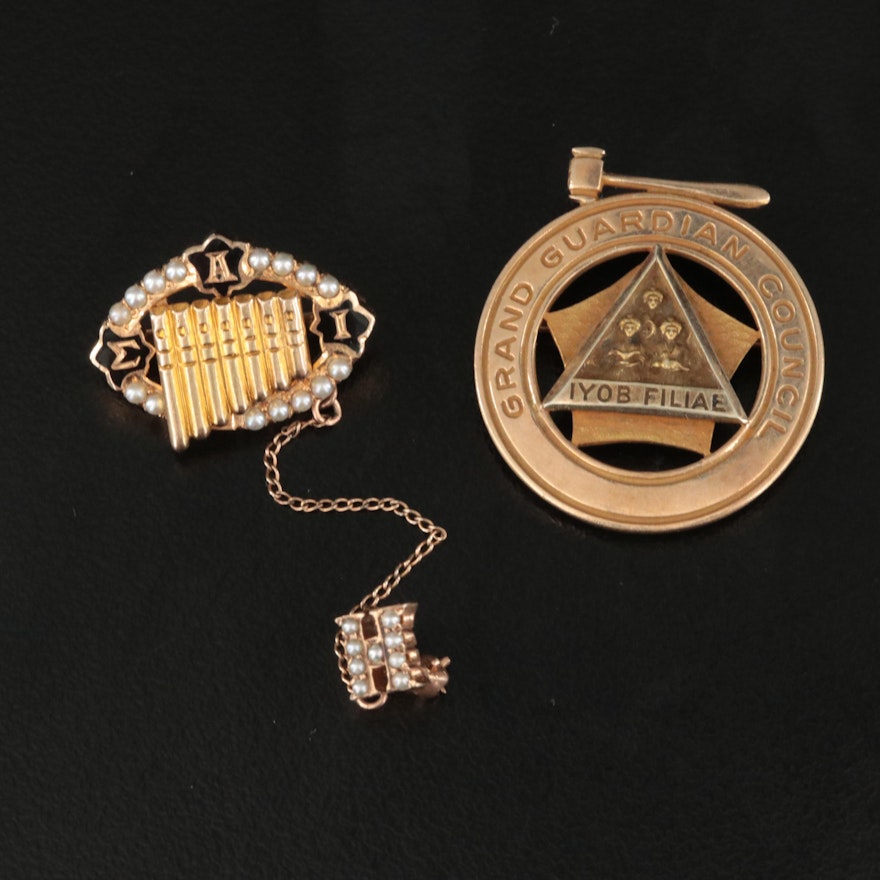 10K Grand Guardian Council Pin and 14K MAI Seed Pearl Pin with 'H' Accent