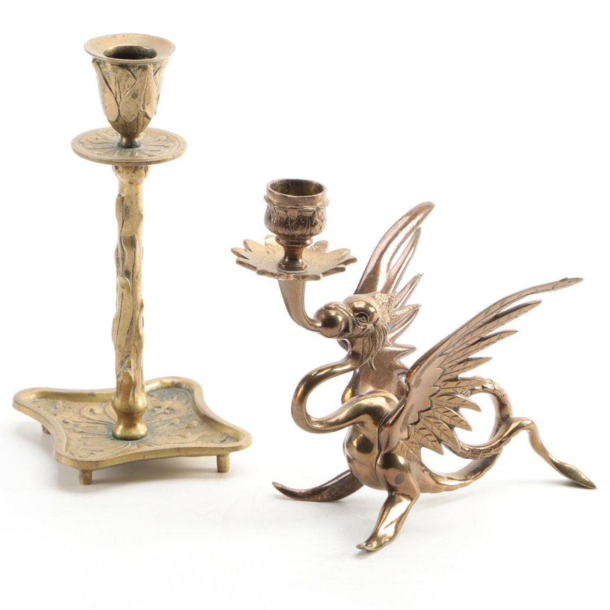 Phoenix and Foliate Motif Brass Candlesticks, Early to Mid 20th Century