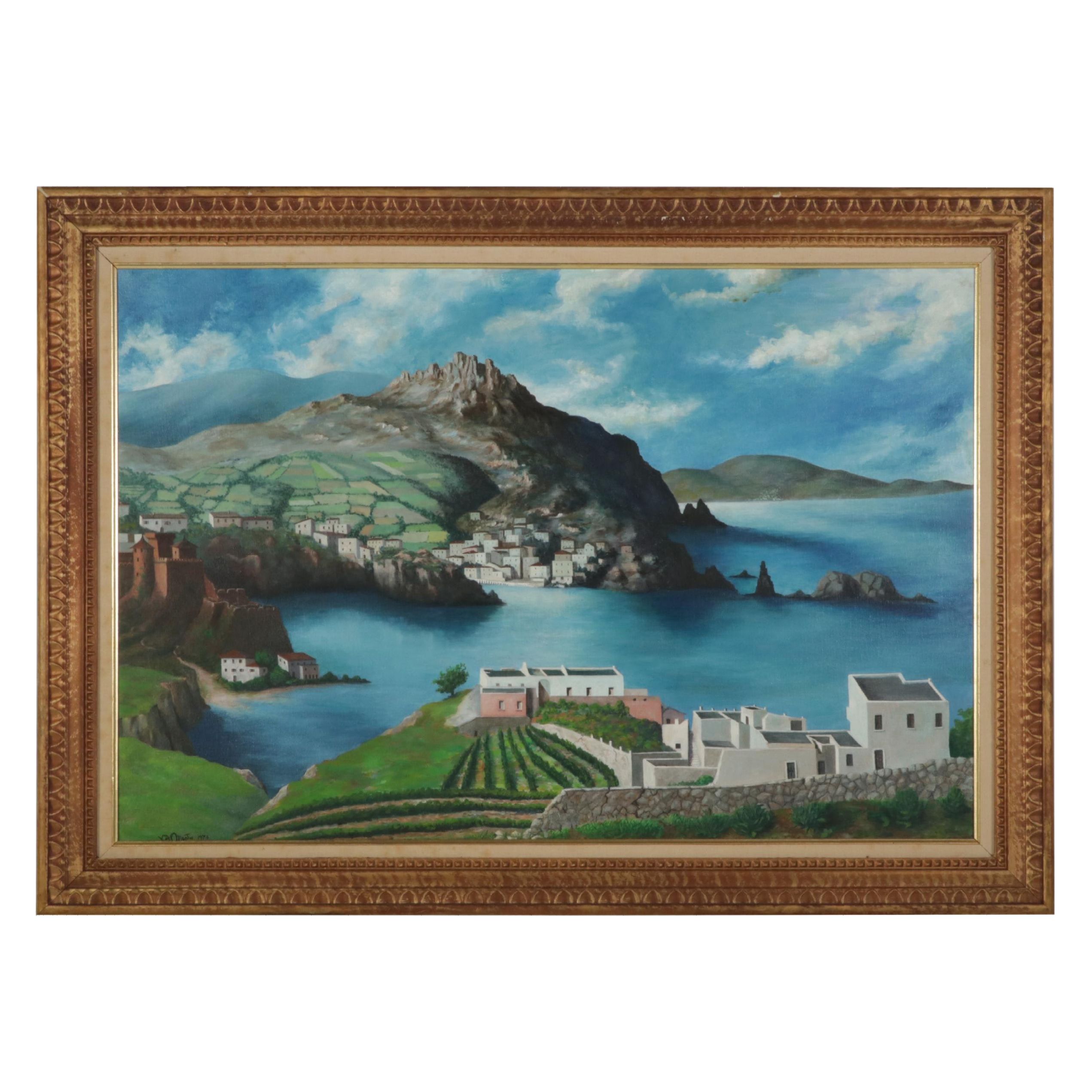 V. Del Monte Seascape Oil Painting of Mediterranean Coastal Village, 1973