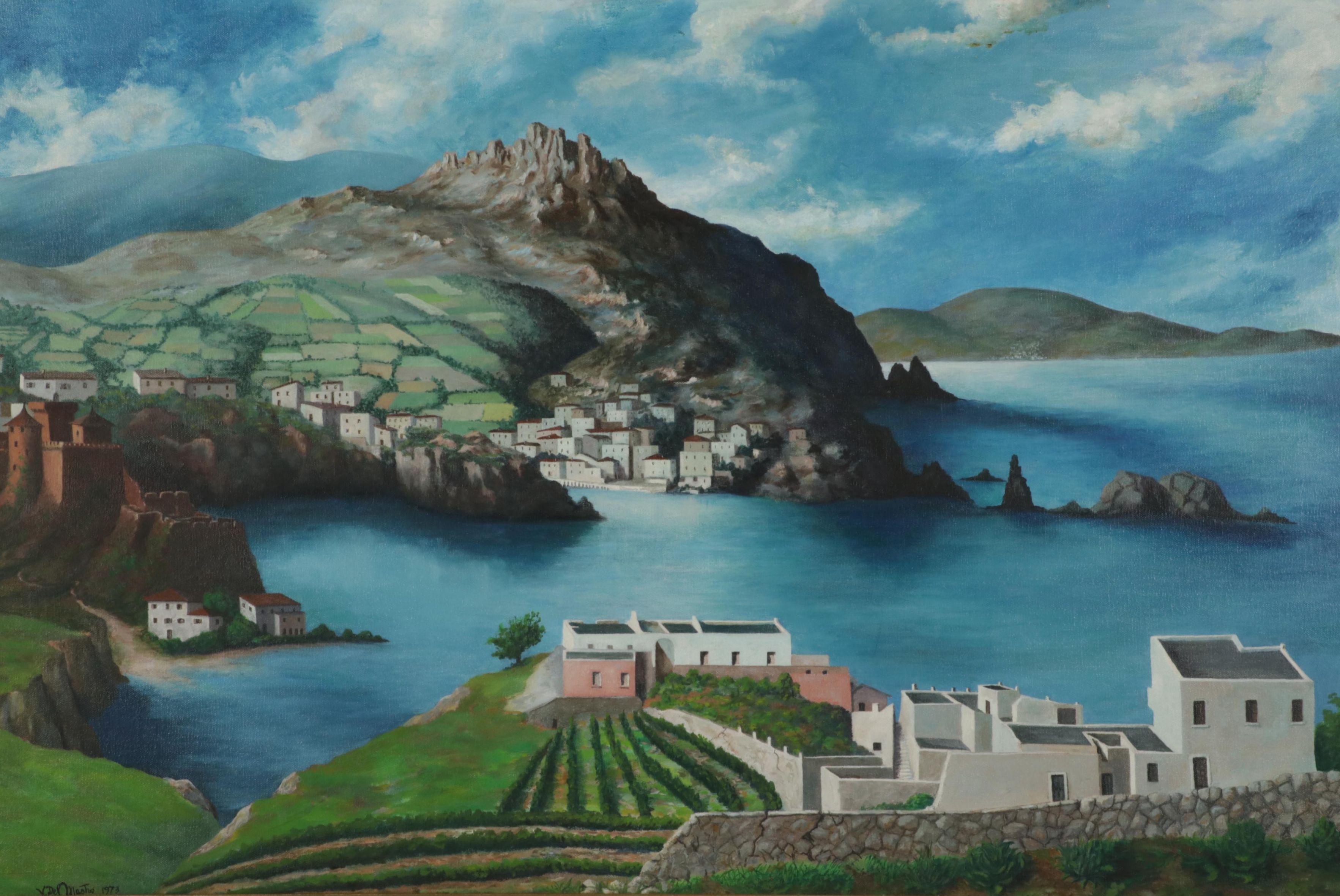 V. Del Monte Seascape Oil Painting of Mediterranean Coastal Village, 1973