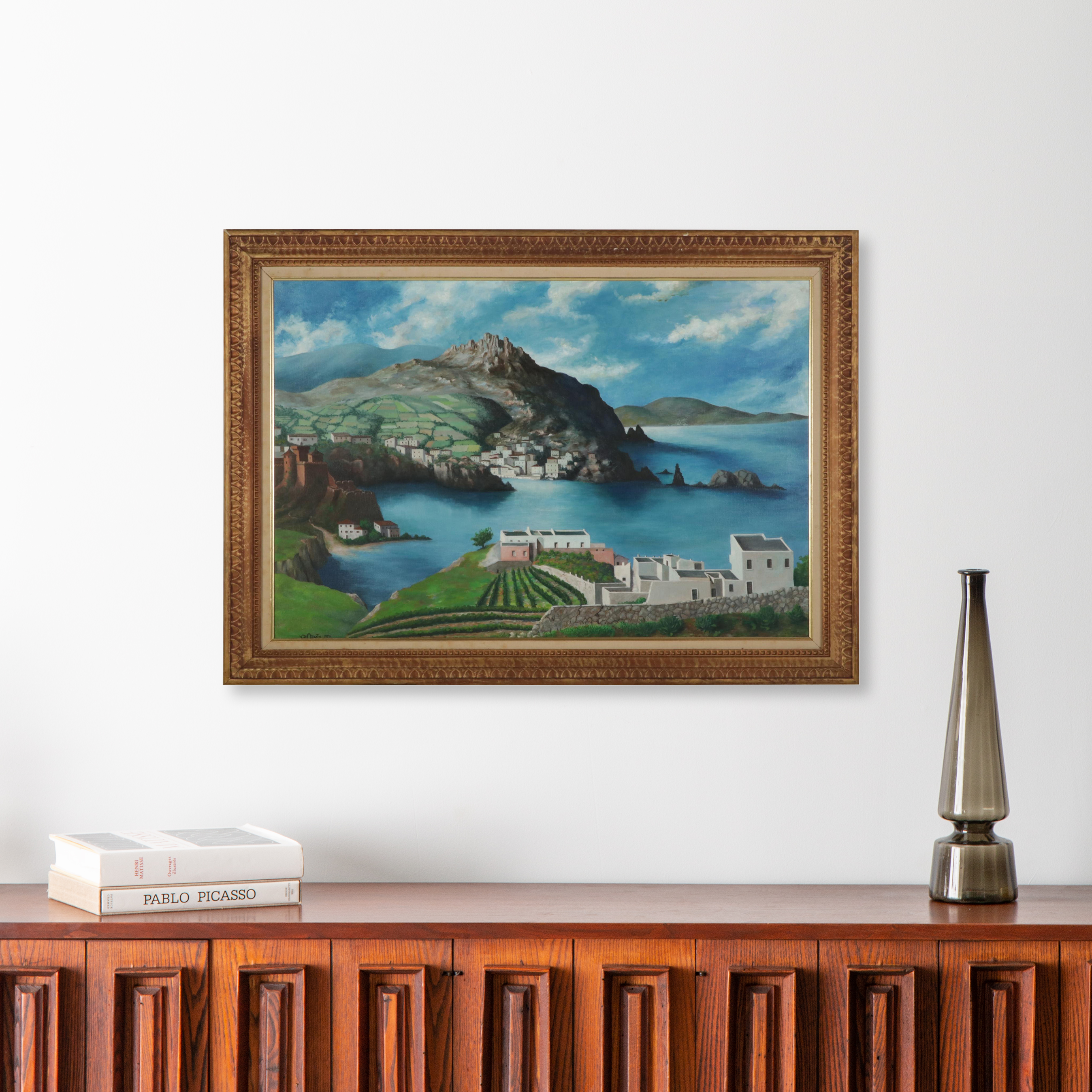 V. Del Monte Seascape Oil Painting of Mediterranean Coastal Village, 1973