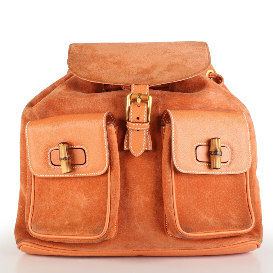 Gucci Bamboo Drawstring Backpack in Orange Suede and Leather