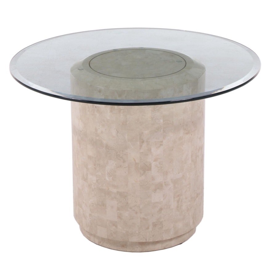 Modernist Brass-Strung, Tessellated Stone, and Glass Top Side Table