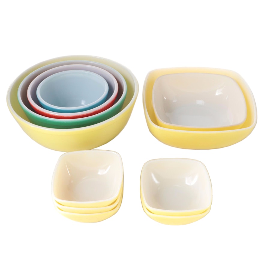 Pyrex "Primary Color" Nesting Bowls and Yellow Square Hostess Bowls